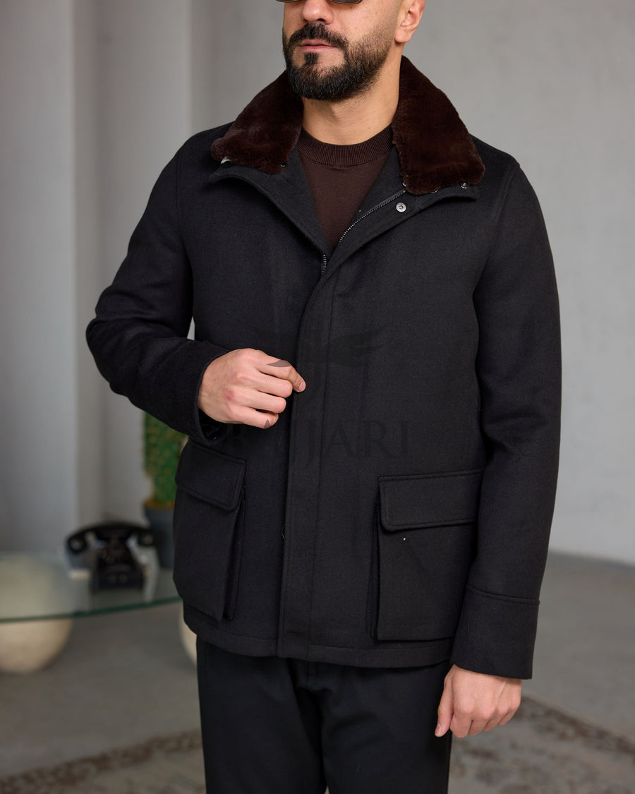 Men's Cashmere Jacket with Removable Lining and Collar, Featuring Rabbit Rex Fur Detail