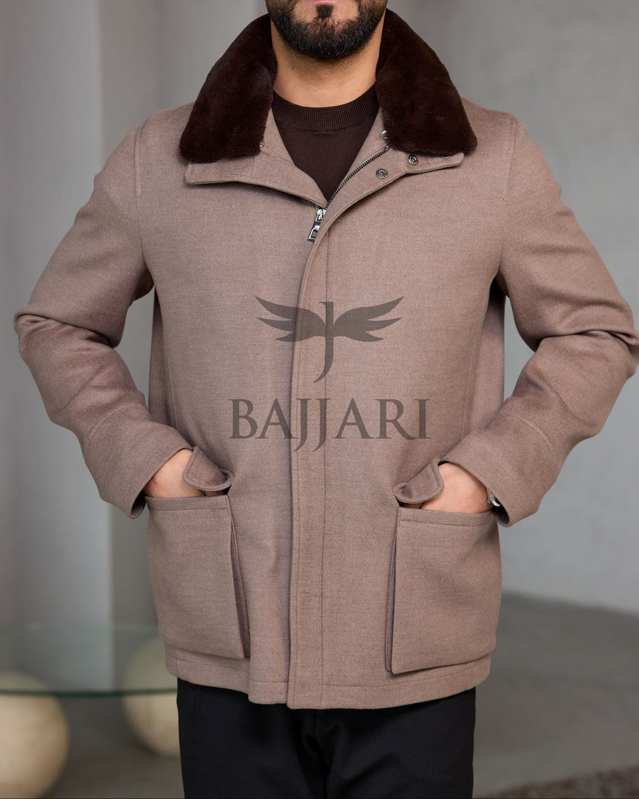 Men's Cashmere Jacket with Removable Lining and Collar, Featuring Rabbit Rex Fur Detail