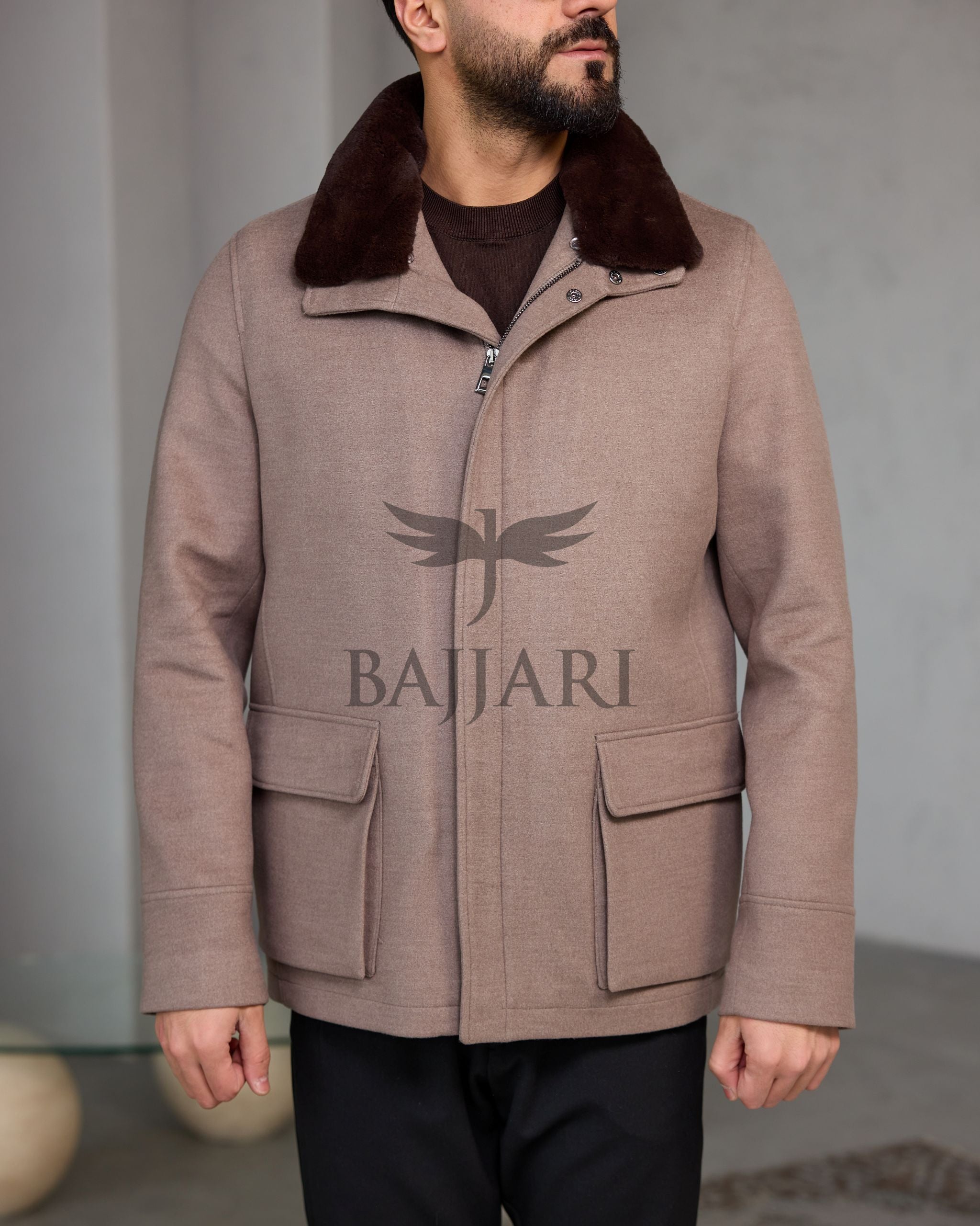 Men's Cashmere Jacket with Removable Lining and Collar, Featuring Rabbit Rex Fur Detail