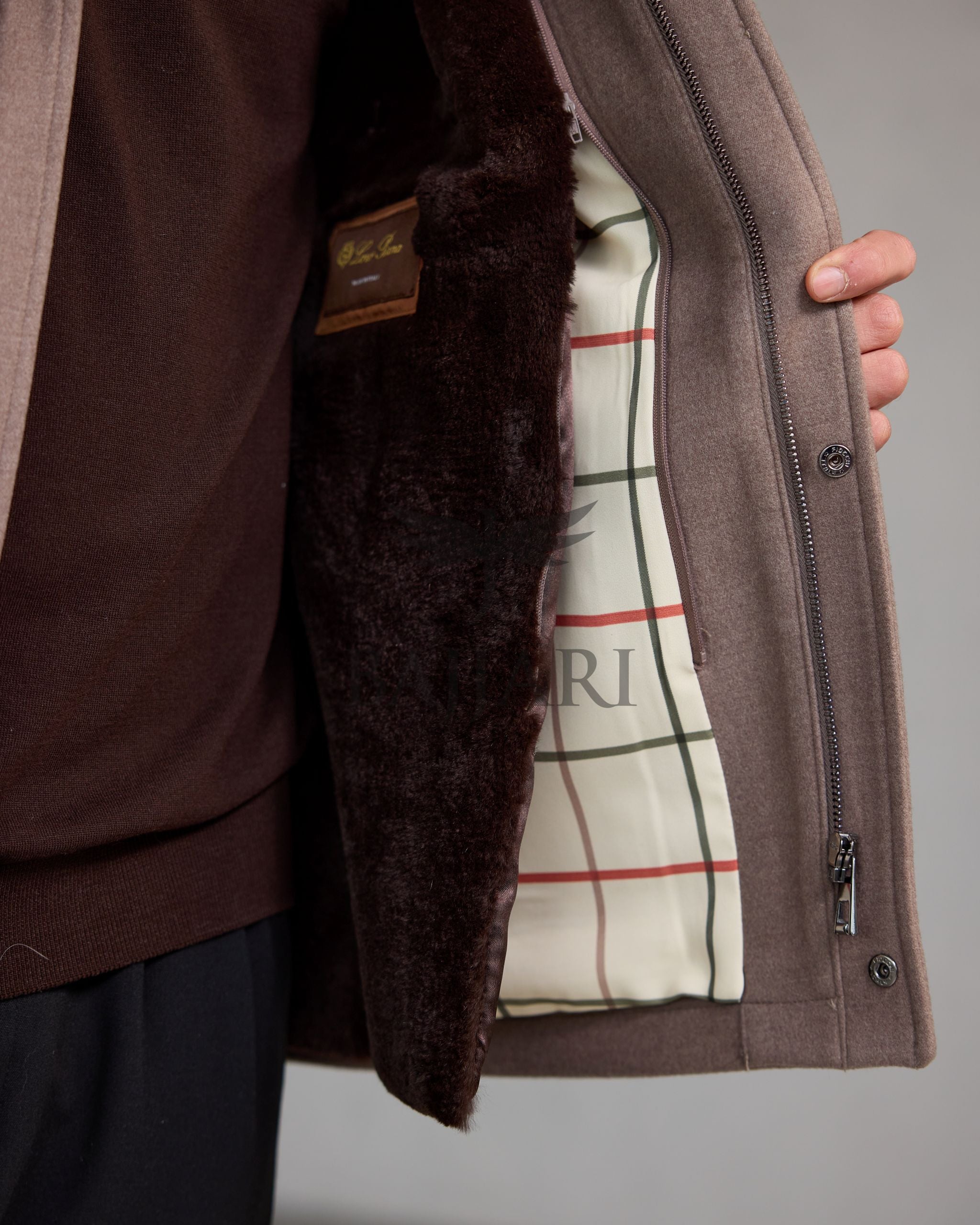 Men's Cashmere Jacket with Removable Lining and Collar, Featuring Rabbit Rex Fur Detail
