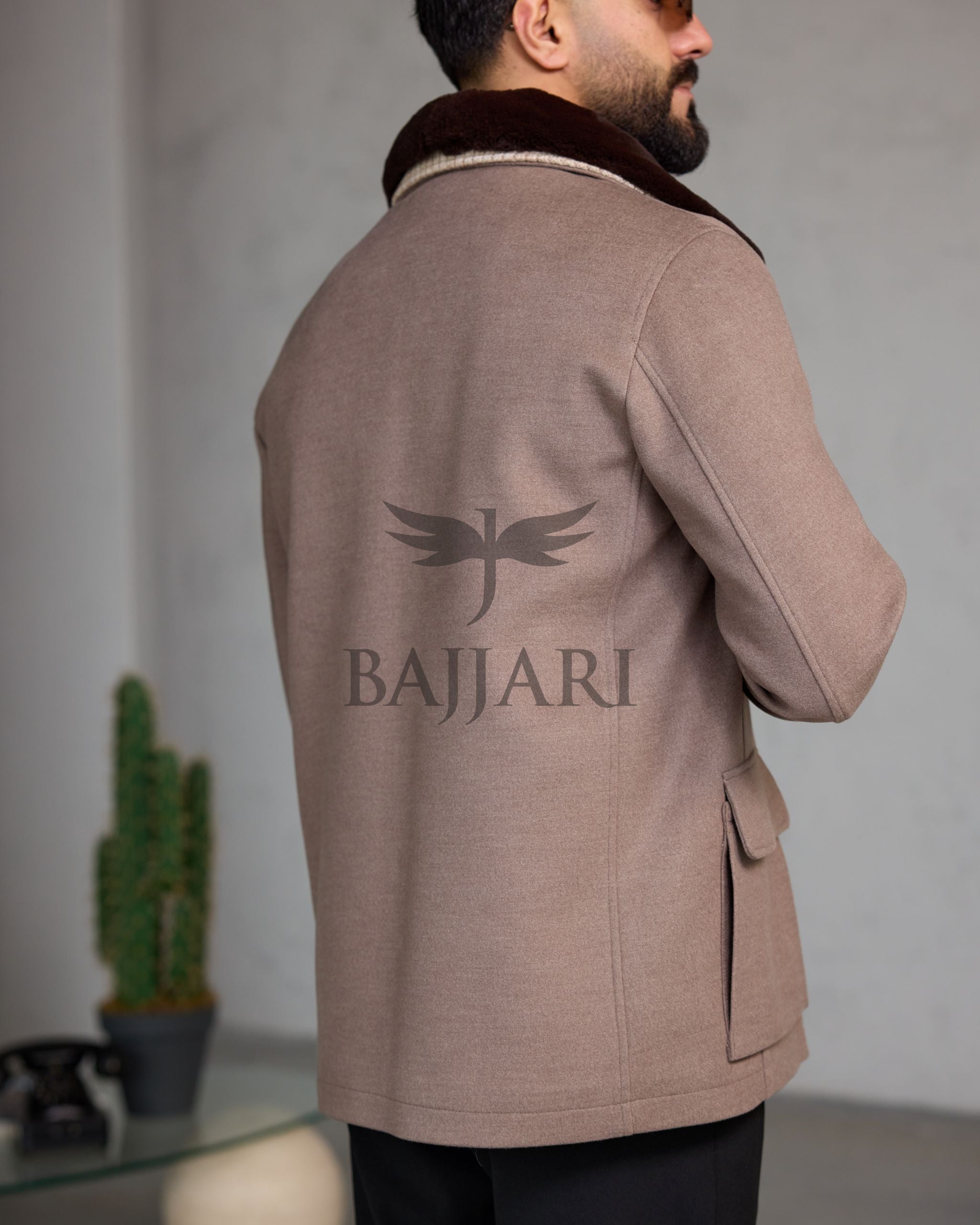 Men's Cashmere Jacket with Removable Lining and Collar, Featuring Rabbit Rex Fur Detail