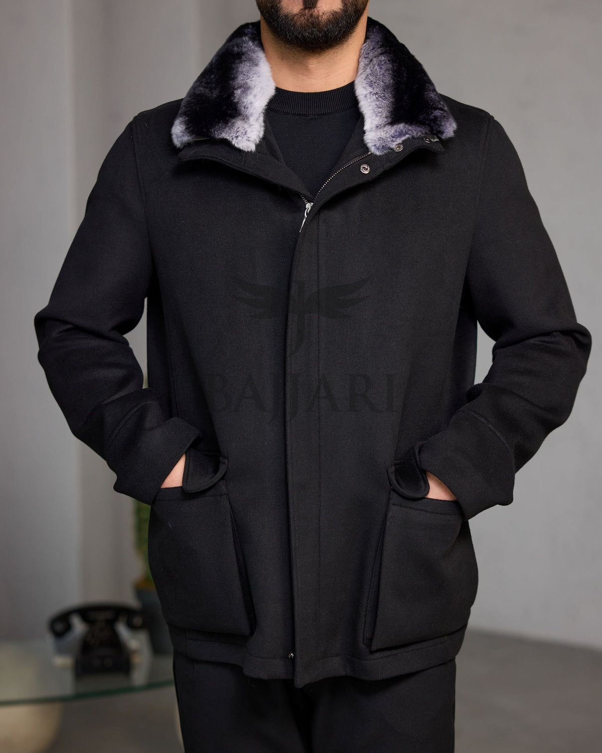 Men's Cashmere Jacket with Removable Lining and Collar, Featuring Rabbit Rex Fur Detail