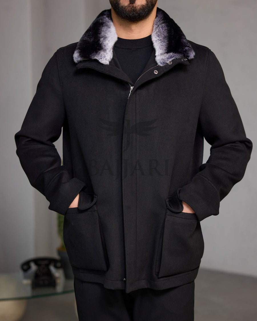 Men's Cashmere Jacket with Removable Lining and Collar, Featuring Rabbit Rex Fur Detail