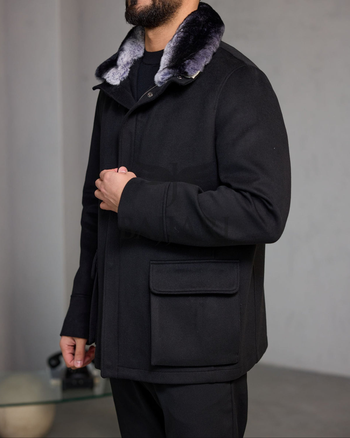 Men's Cashmere Jacket with Removable Lining and Collar, Featuring Rabbit Rex Fur Detail