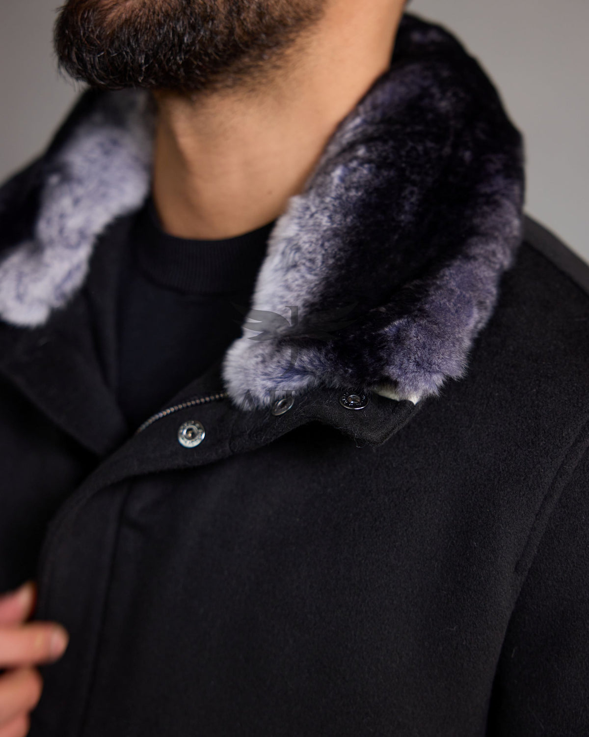 Men's Cashmere Jacket with Removable Lining and Collar, Featuring Rabbit Rex Fur Detail