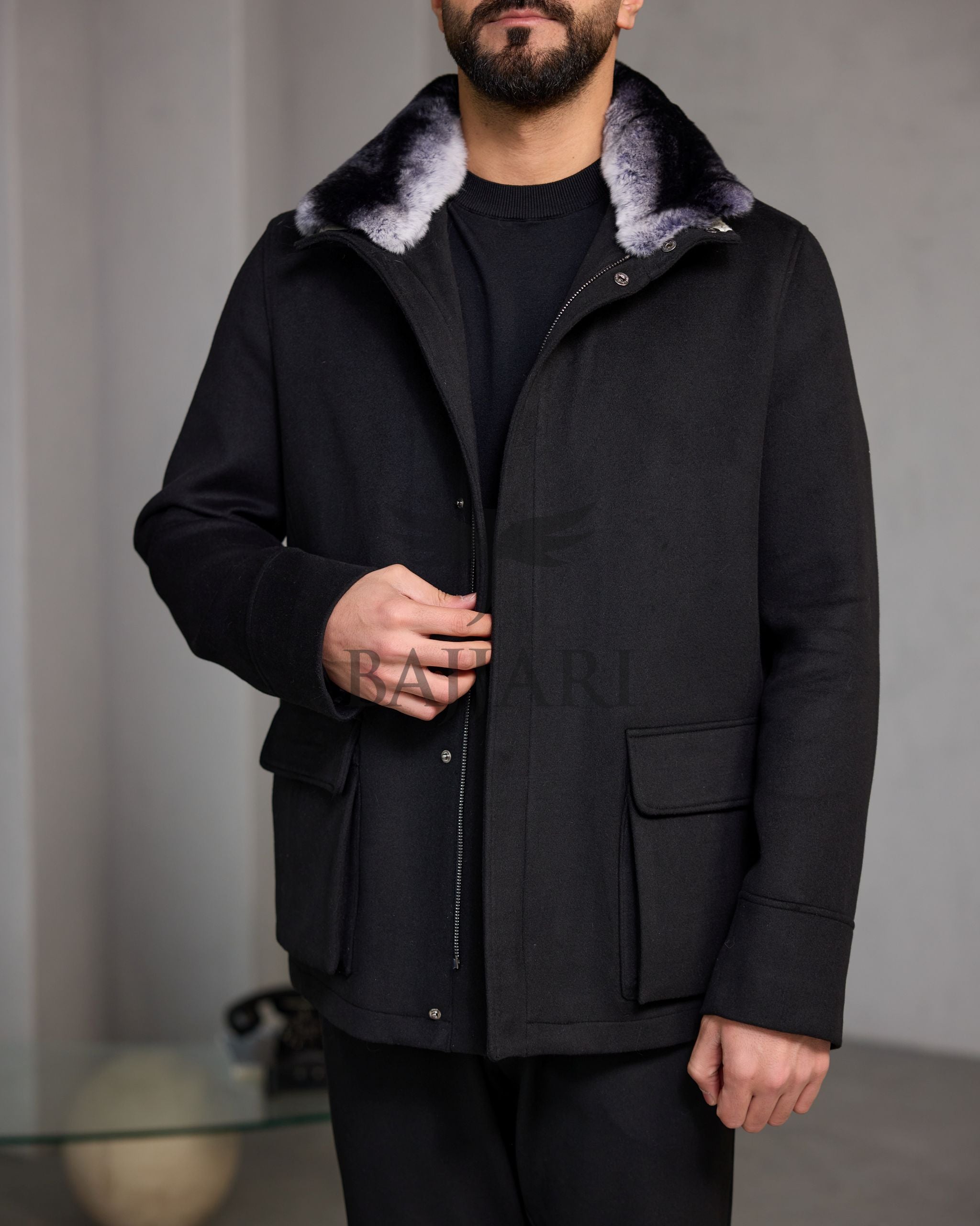 Men's Cashmere Jacket with Removable Lining and Collar, Featuring Rabbit Rex Fur Detail