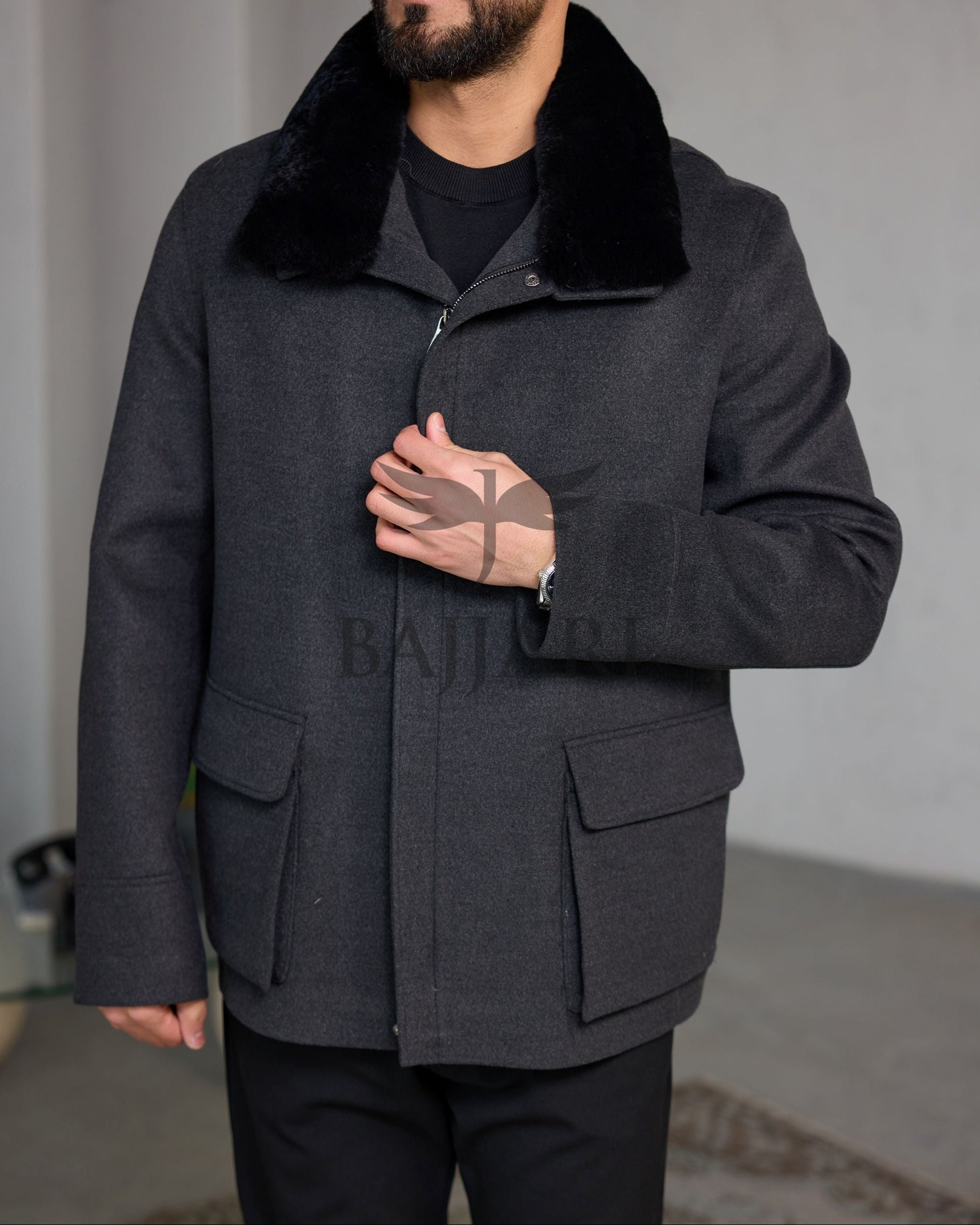 Removable Collar Rabbit Rex Fur Trimmed Cashmere Men’s Jacket