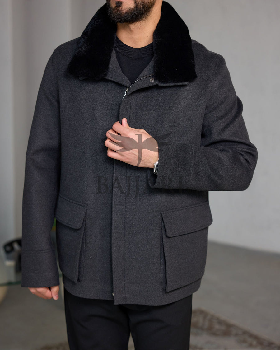 Removable Collar Rabbit Rex Fur Trimmed Cashmere Men’s Jacket