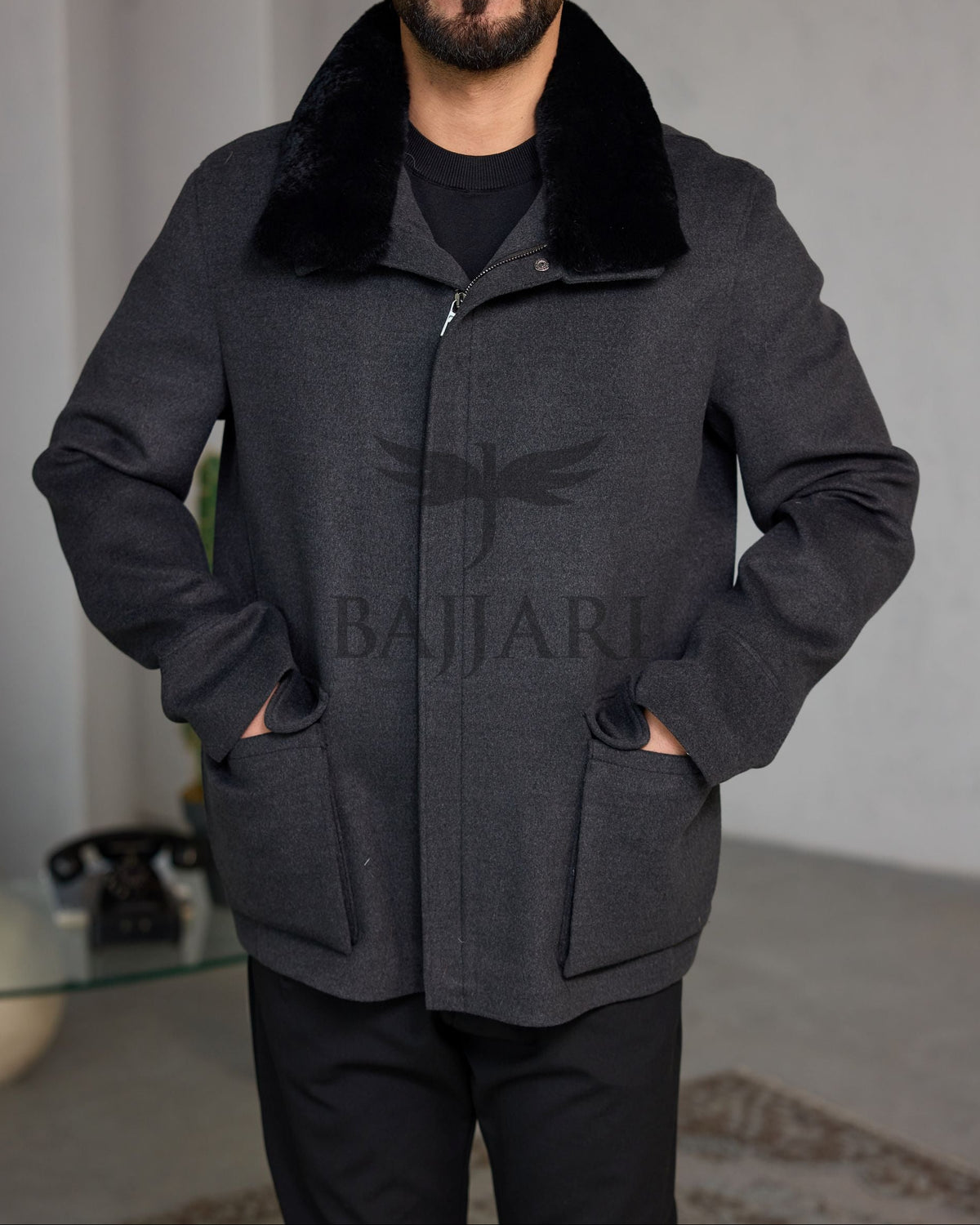 Removable Collar Rabbit Rex Fur Trimmed Cashmere Men’s Jacket
