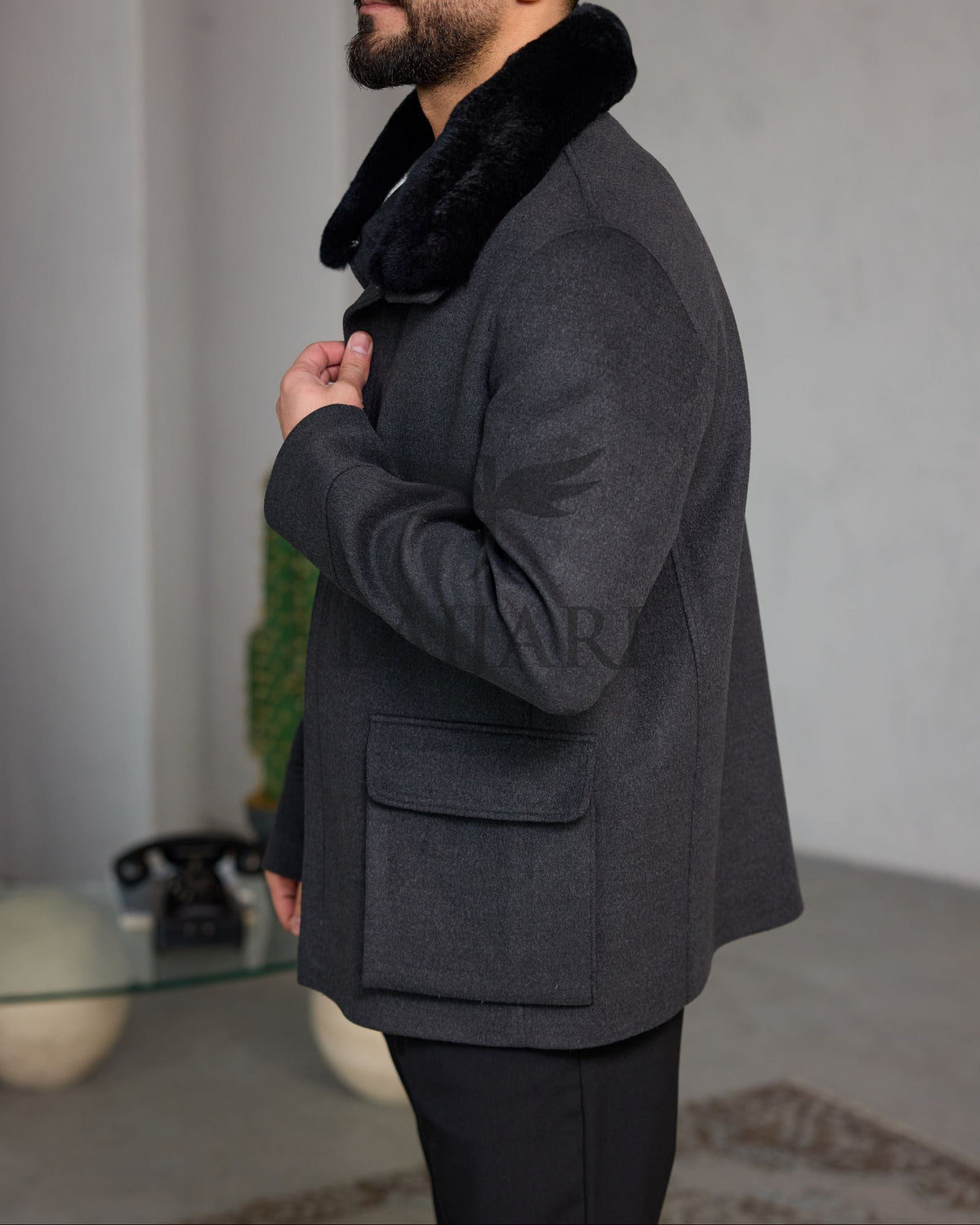 Removable Collar Rabbit Rex Fur Trimmed Cashmere Men’s Jacket