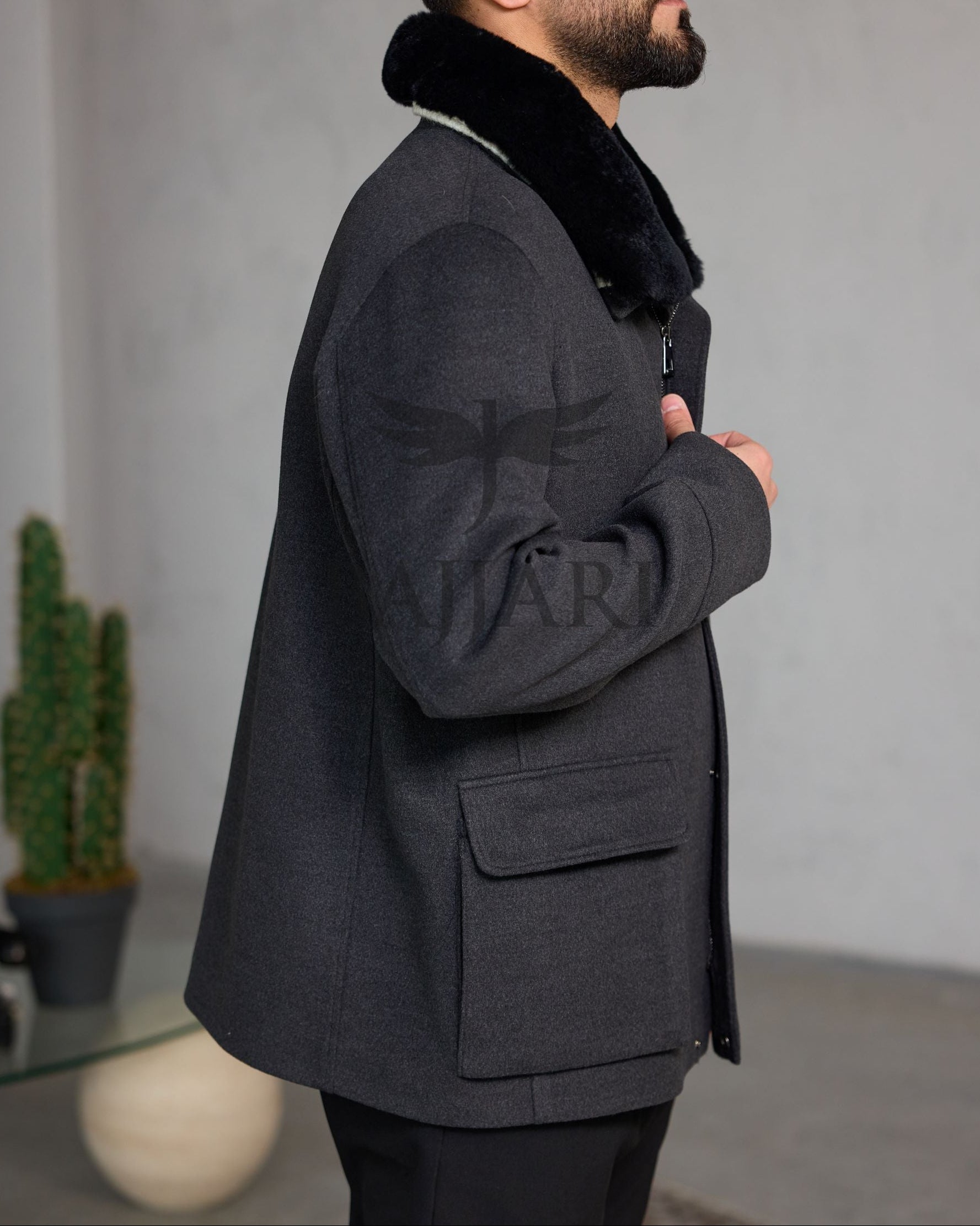 Removable Collar Rabbit Rex Fur Trimmed Cashmere Men’s Jacket