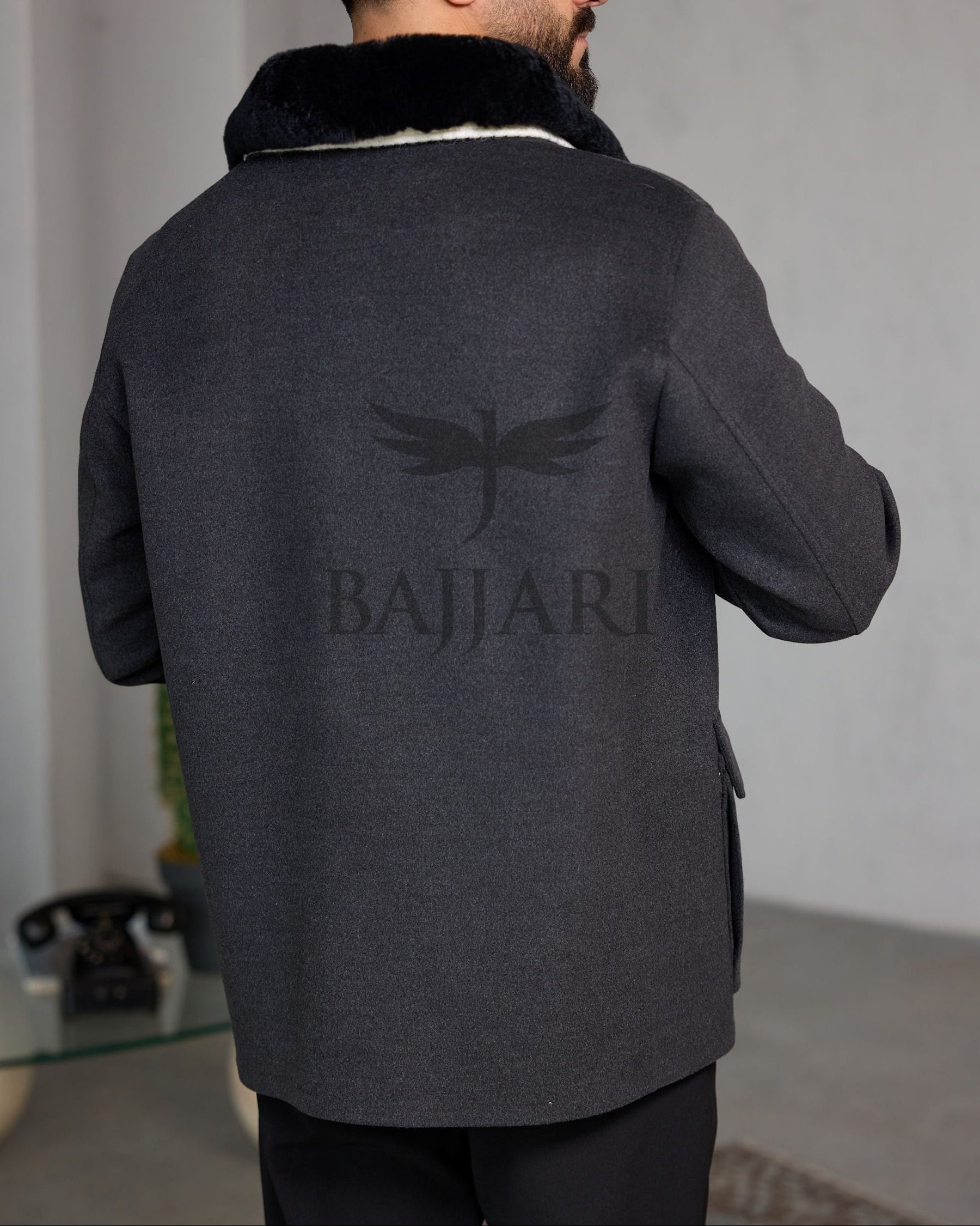 Removable Collar Rabbit Rex Fur Trimmed Cashmere Men’s Jacket