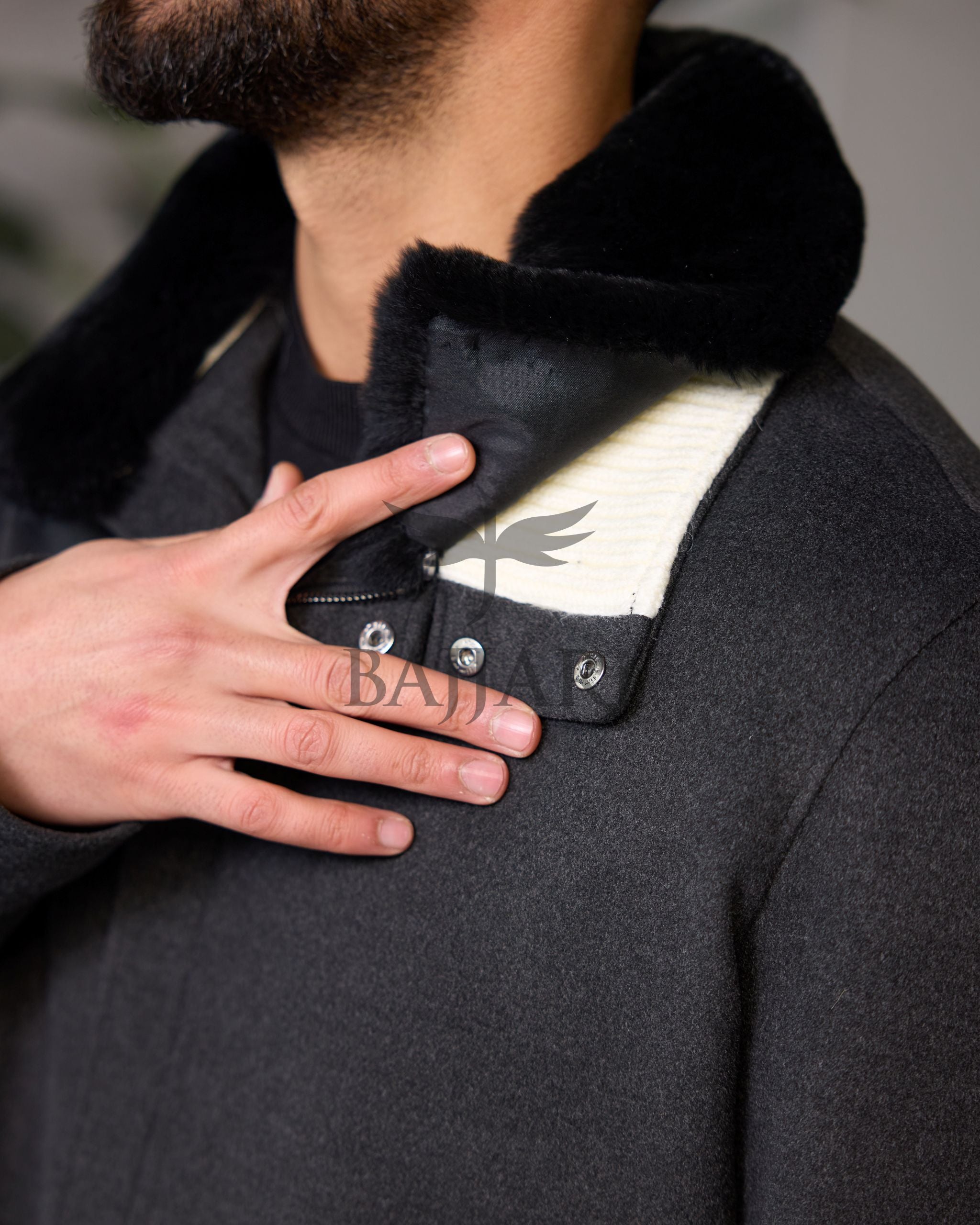 Removable Collar Rabbit Rex Fur Trimmed Cashmere Men’s Jacket