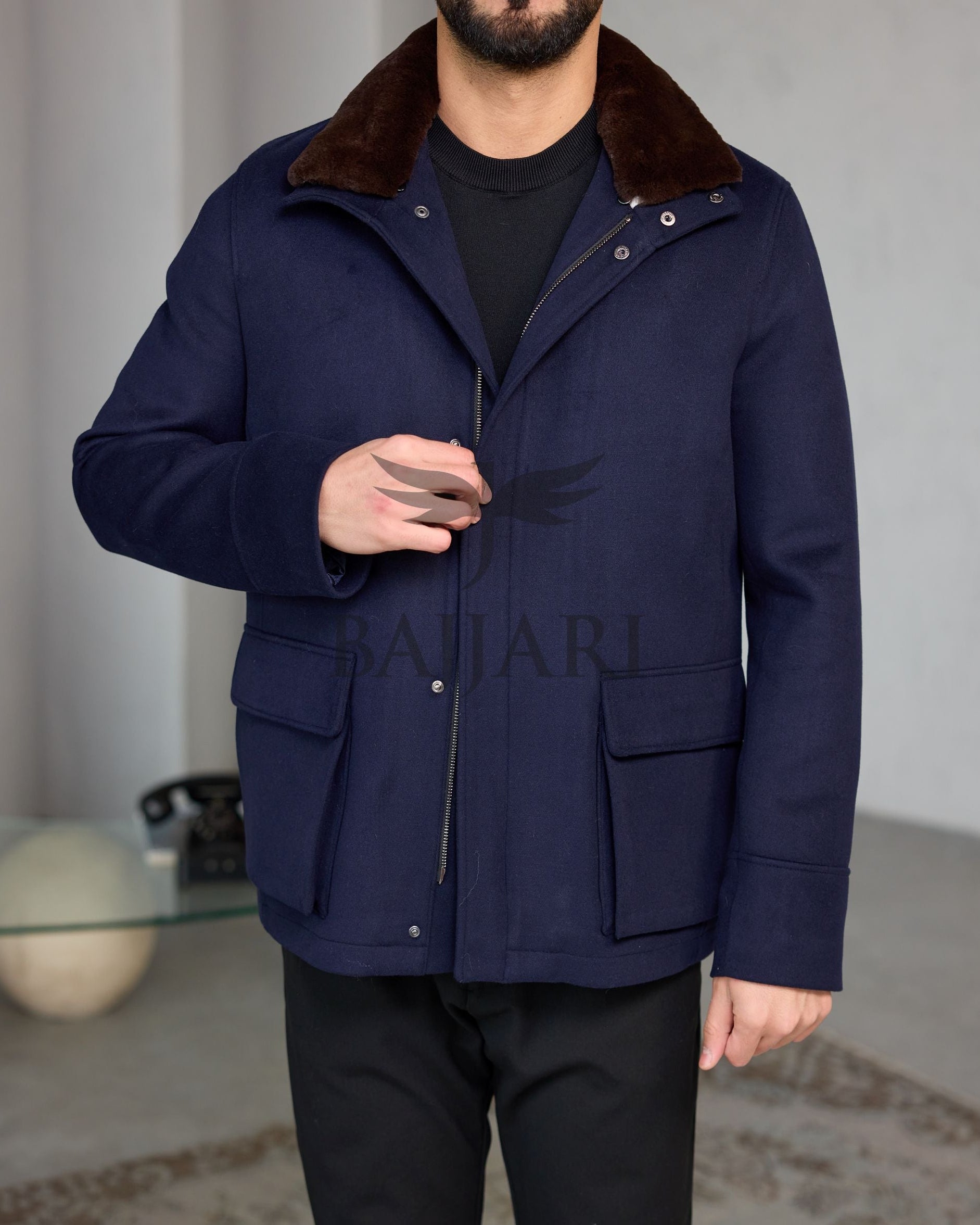 Men's Cashmere Jacket with Removable Lining and Collar, Featuring Rabbit Rex Fur Detail