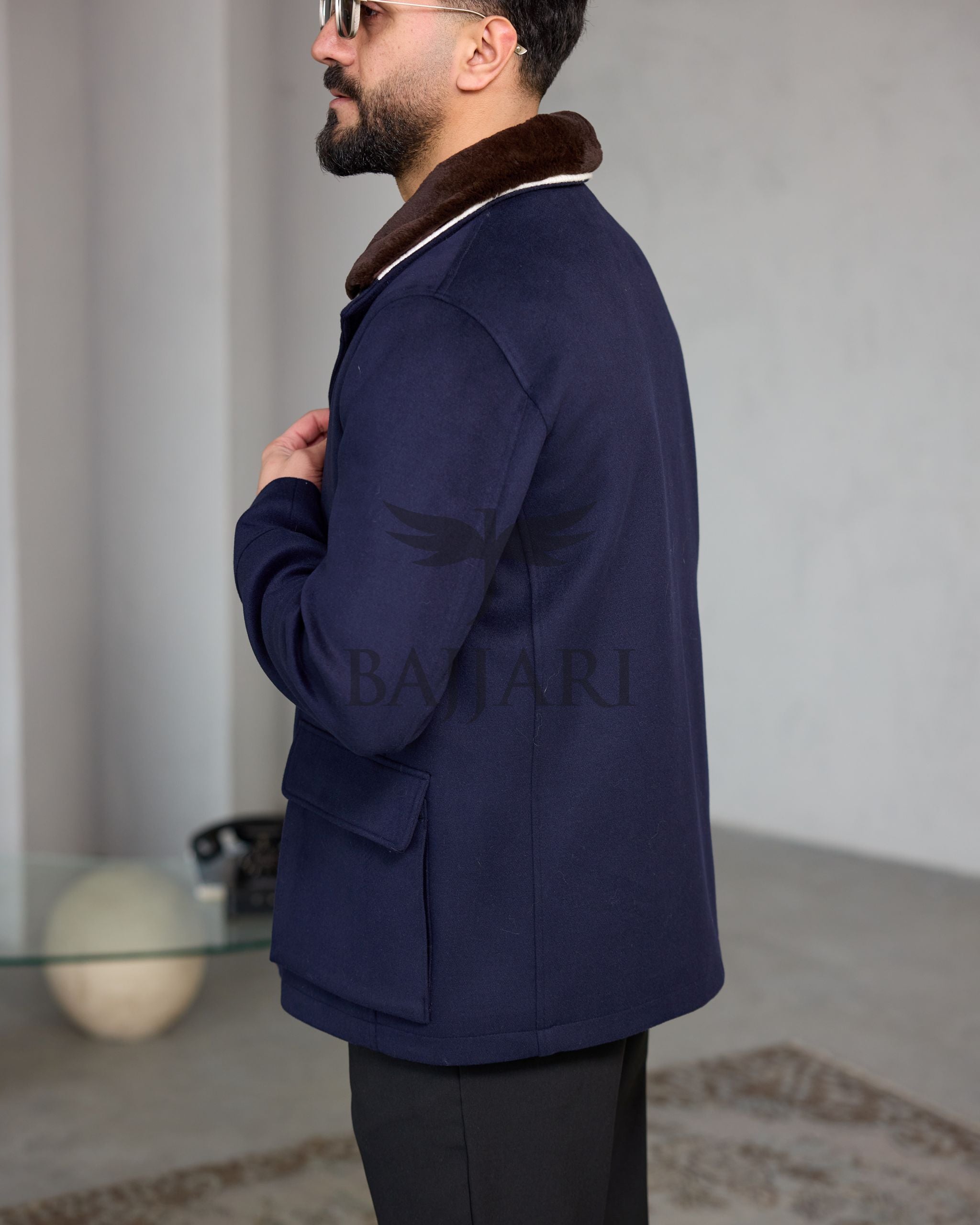 Men's Cashmere Jacket with Removable Lining and Collar, Featuring Rabbit Rex Fur Detail