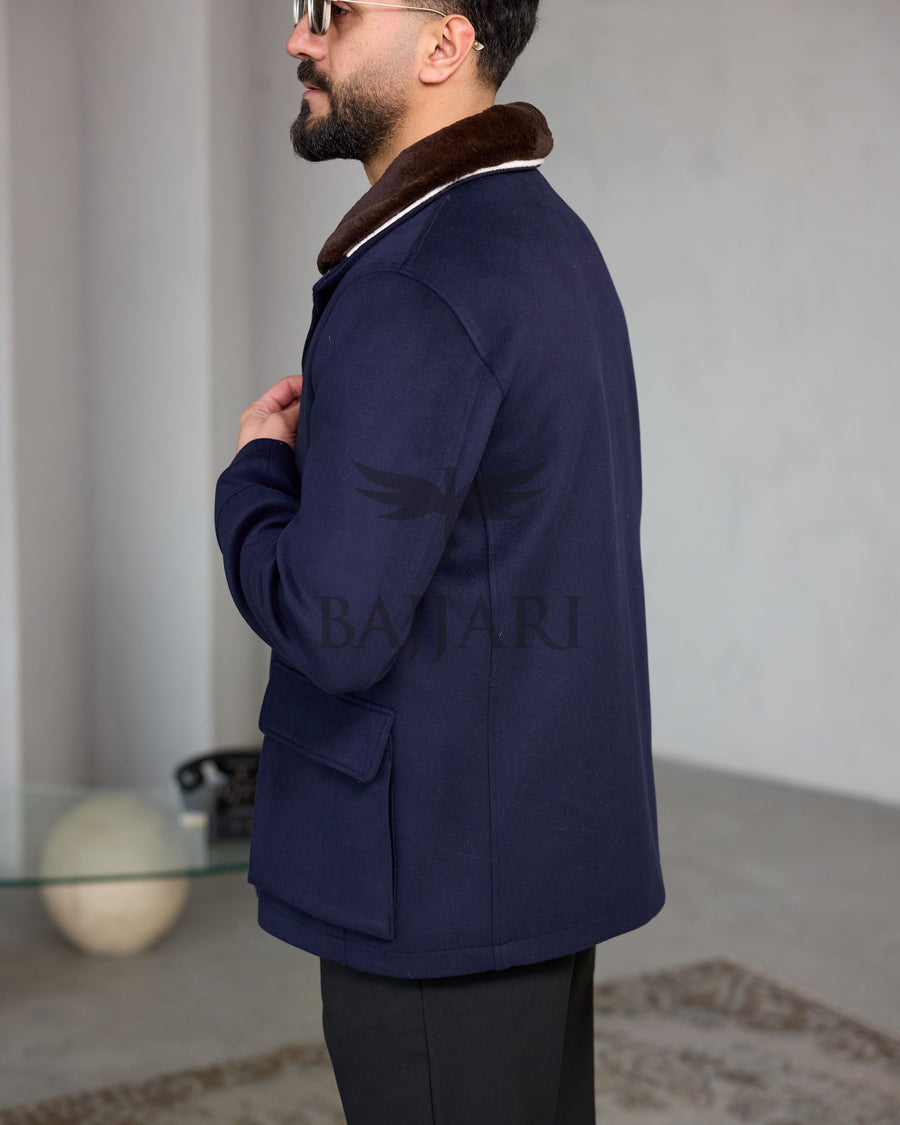 Men's Cashmere Jacket with Removable Lining and Collar, Featuring Rabbit Rex Fur Detail