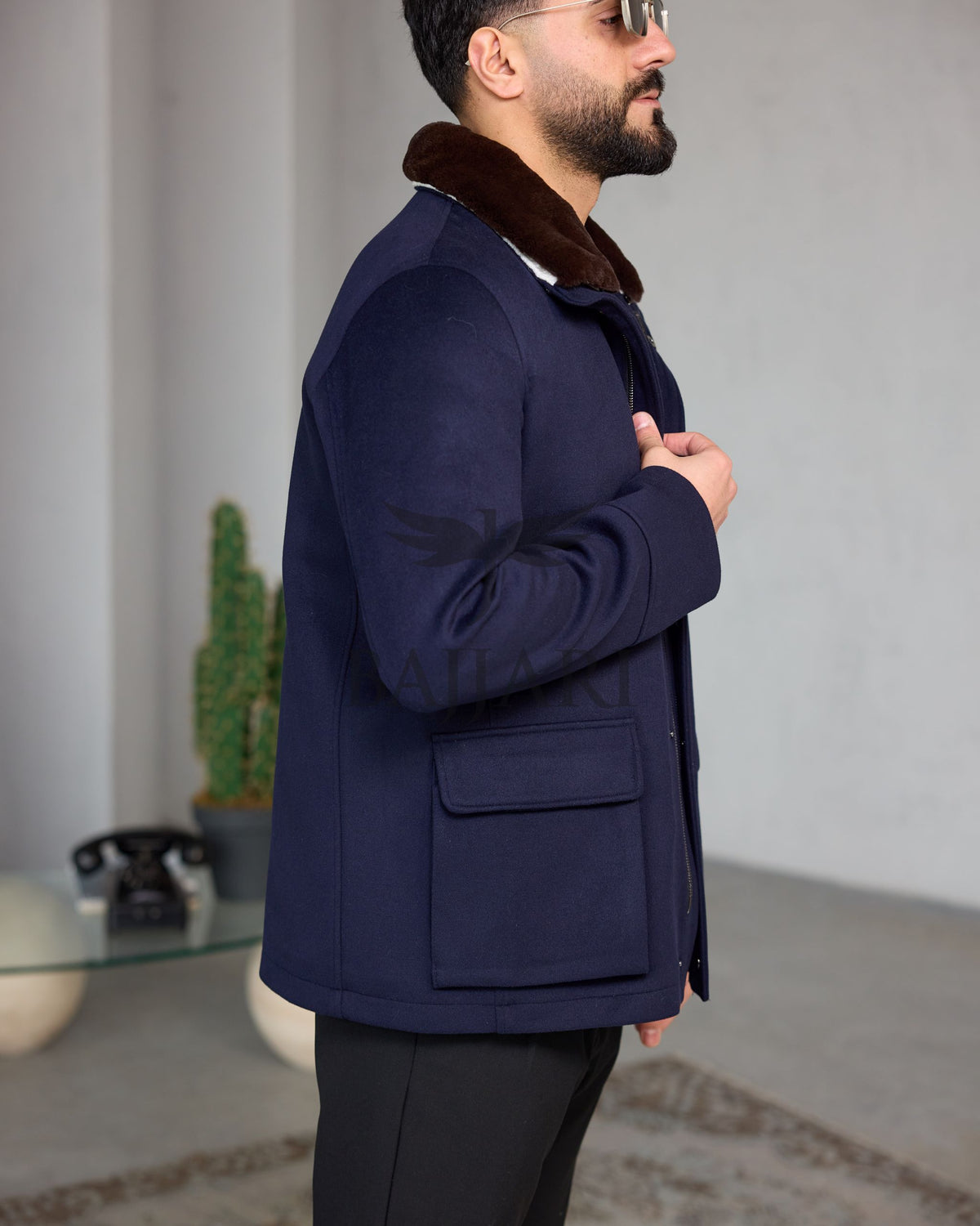 Men's Cashmere Jacket with Removable Lining and Collar, Featuring Rabbit Rex Fur Detail