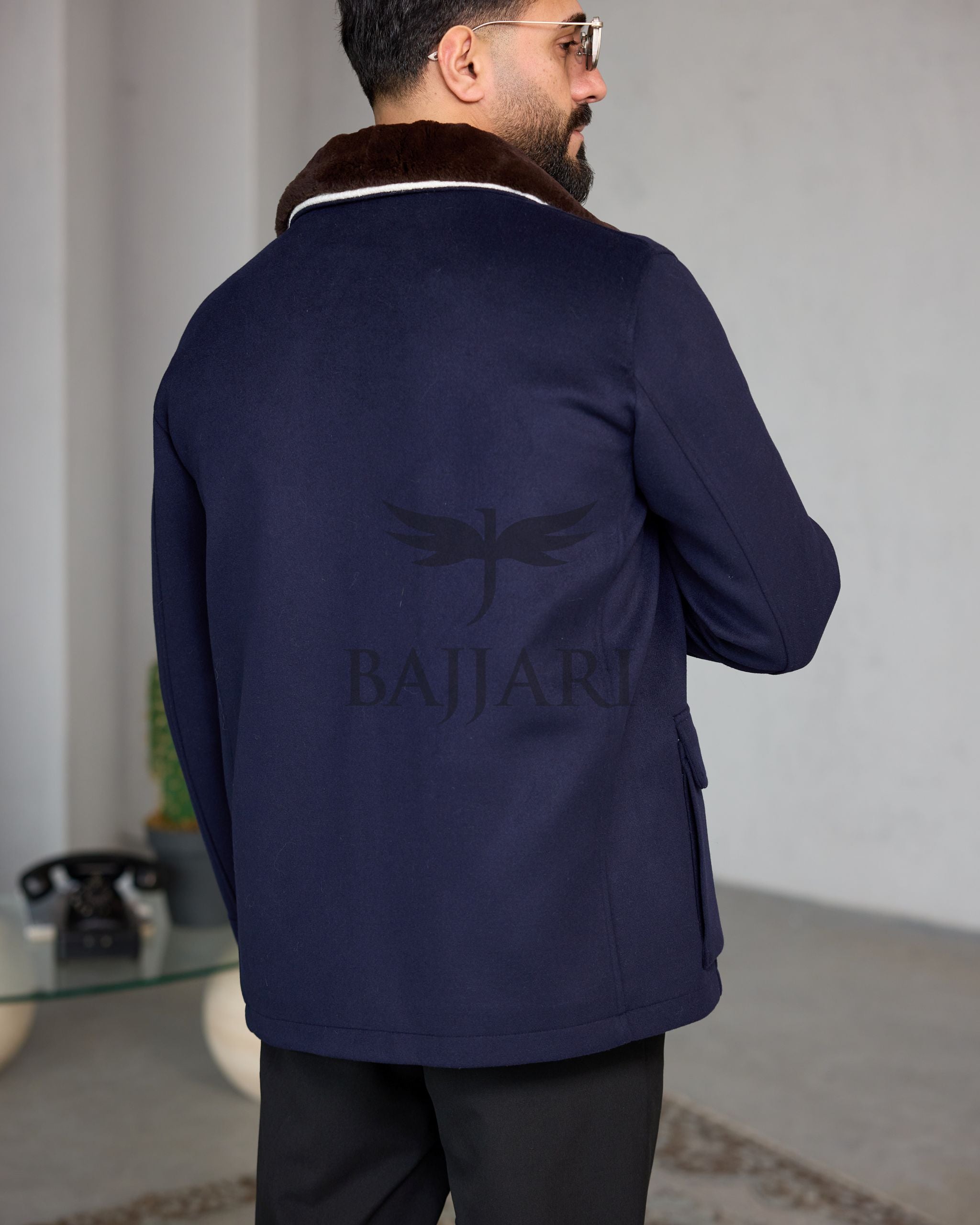 Men's Cashmere Jacket with Removable Lining and Collar, Featuring Rabbit Rex Fur Detail