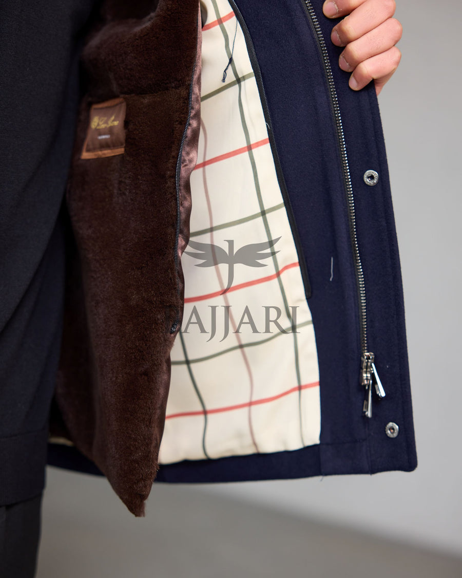 Men's Cashmere Jacket with Removable Lining and Collar, Featuring Rabbit Rex Fur Detail
