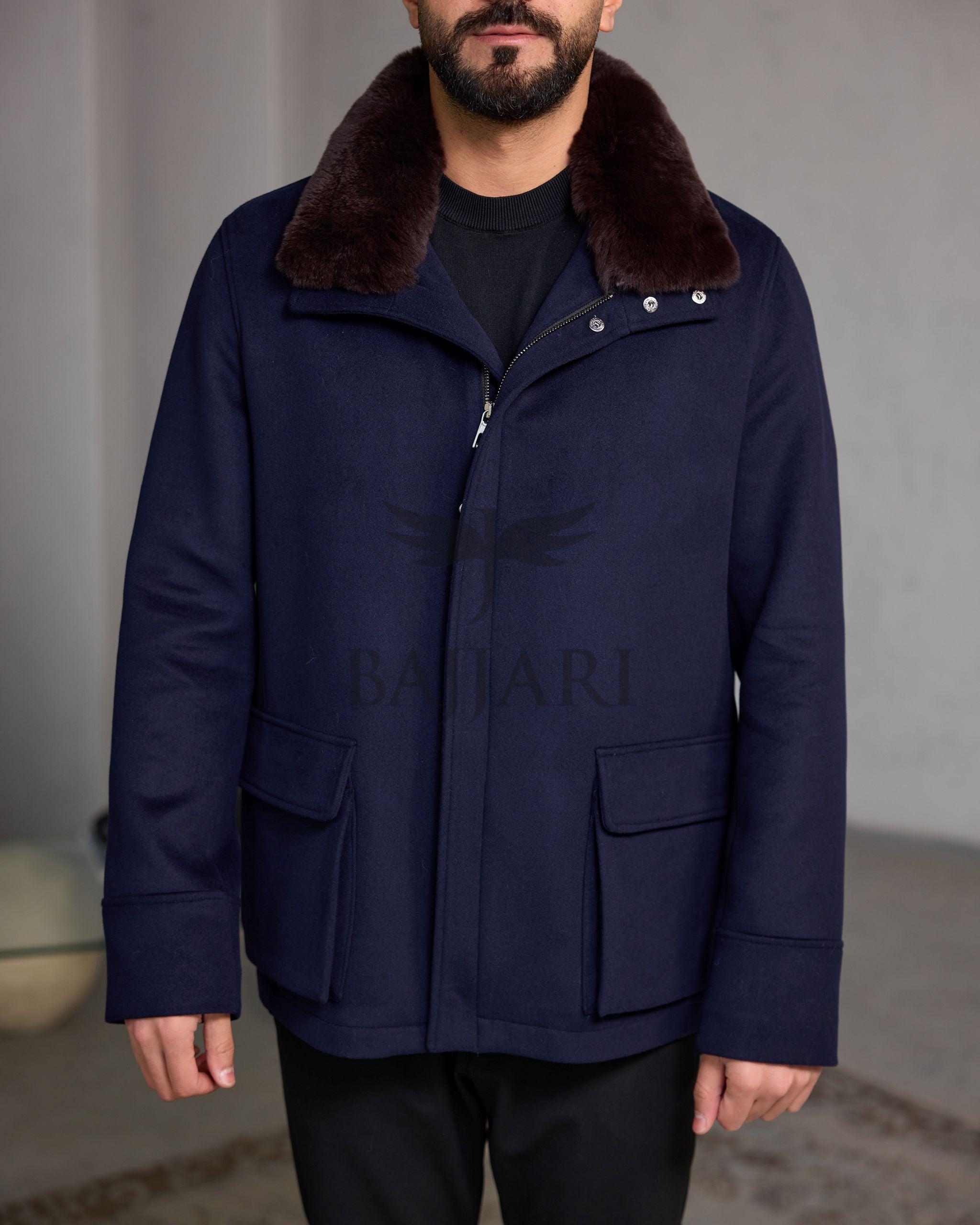 Men's Cashmere Jacket with Removable Lining and Collar, Featuring Rabbit Rex Fur Detail