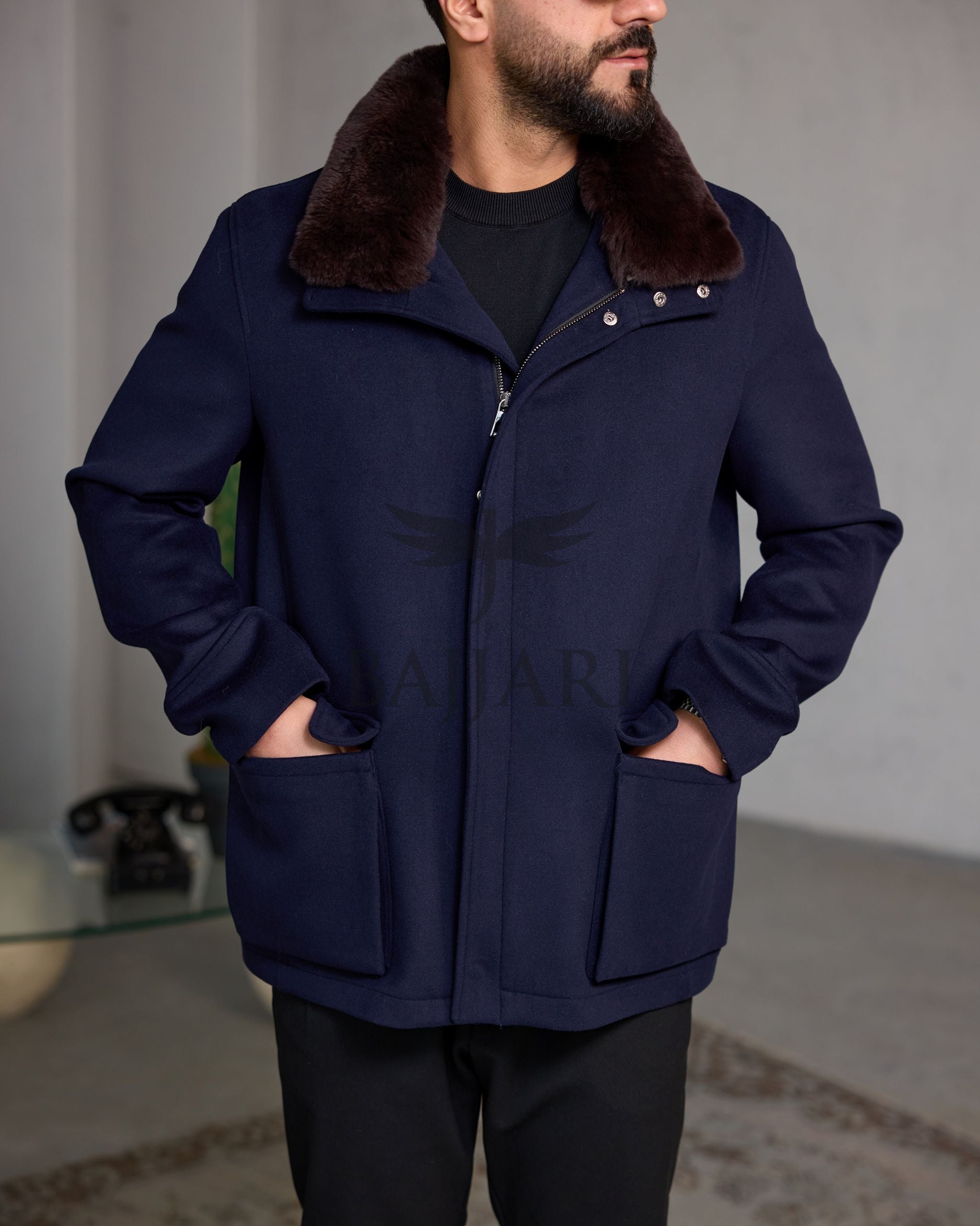 Men's Cashmere Jacket with Removable Lining and Collar, Featuring Rabbit Rex Fur Detail