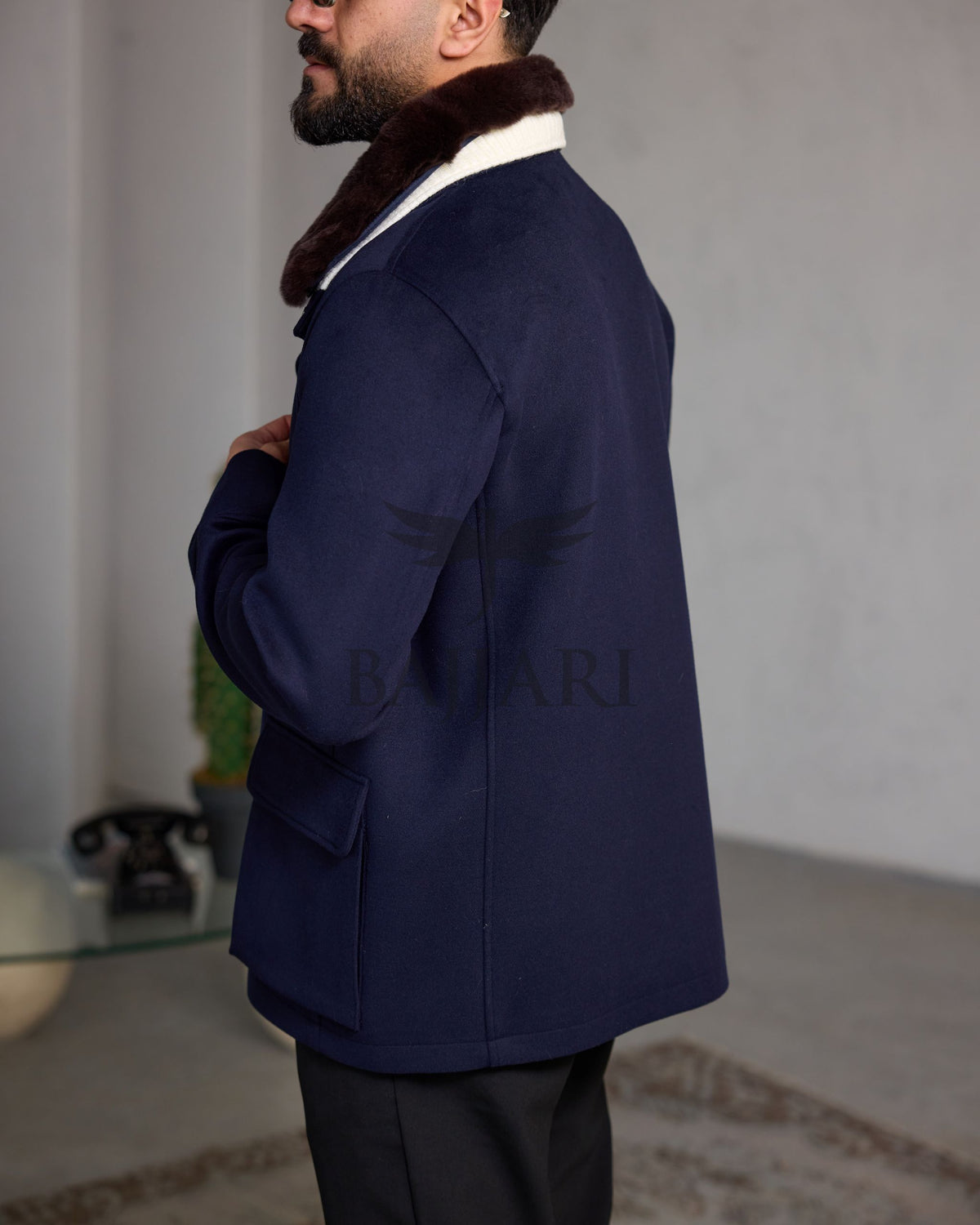 Men's Cashmere Jacket with Removable Lining and Collar, Featuring Rabbit Rex Fur Detail