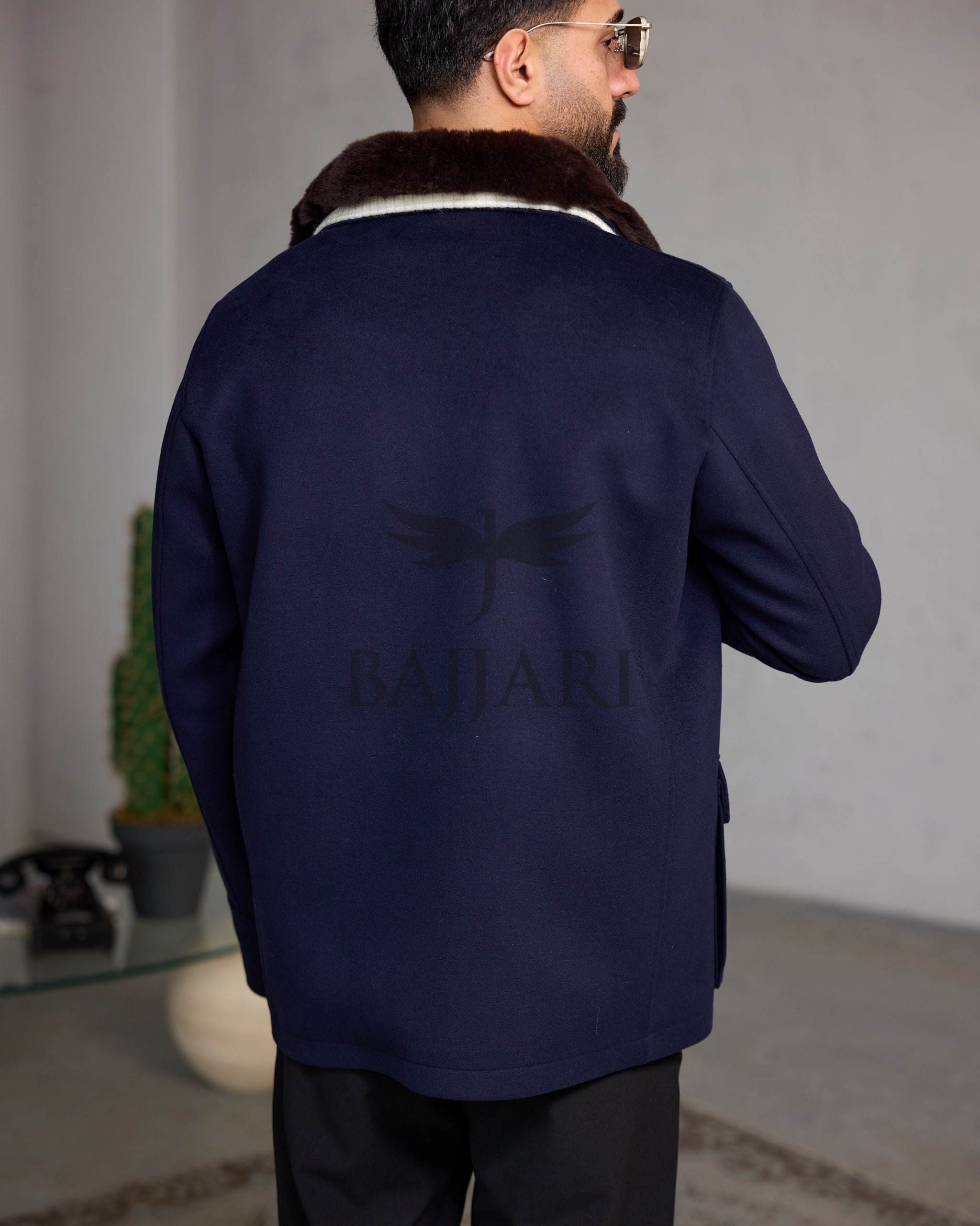 Men's Cashmere Jacket with Removable Lining and Collar, Featuring Rabbit Rex Fur Detail
