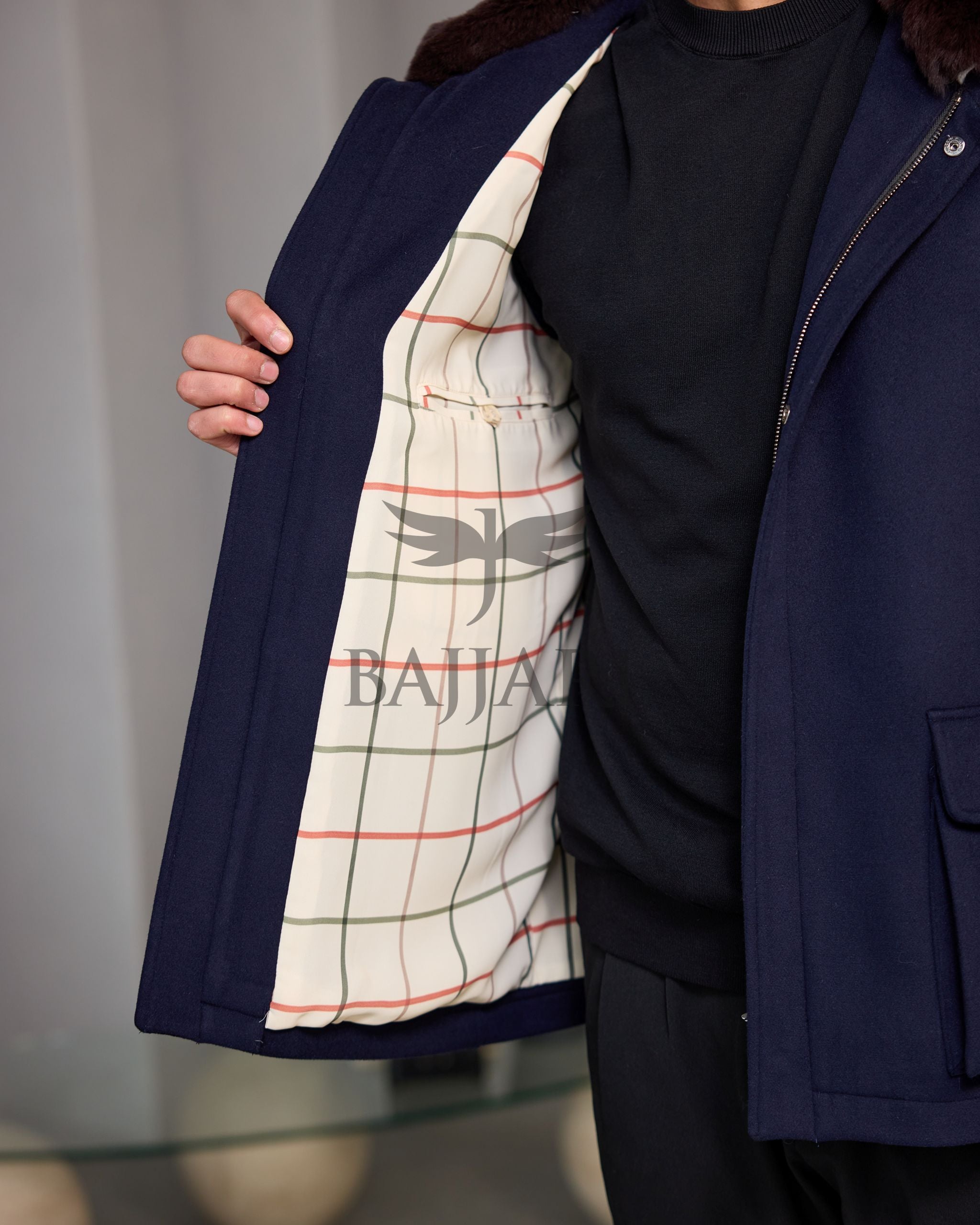 Men's Cashmere Jacket with Removable Lining and Collar, Featuring Rabbit Rex Fur Detail