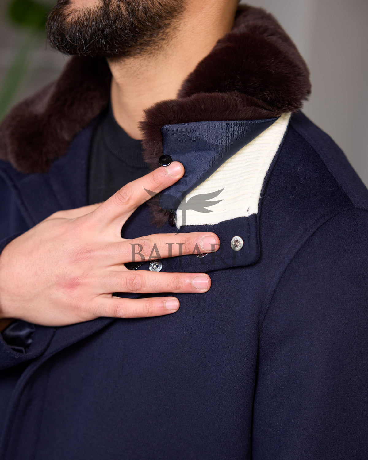 Men's Cashmere Jacket with Removable Lining and Collar, Featuring Rabbit Rex Fur Detail