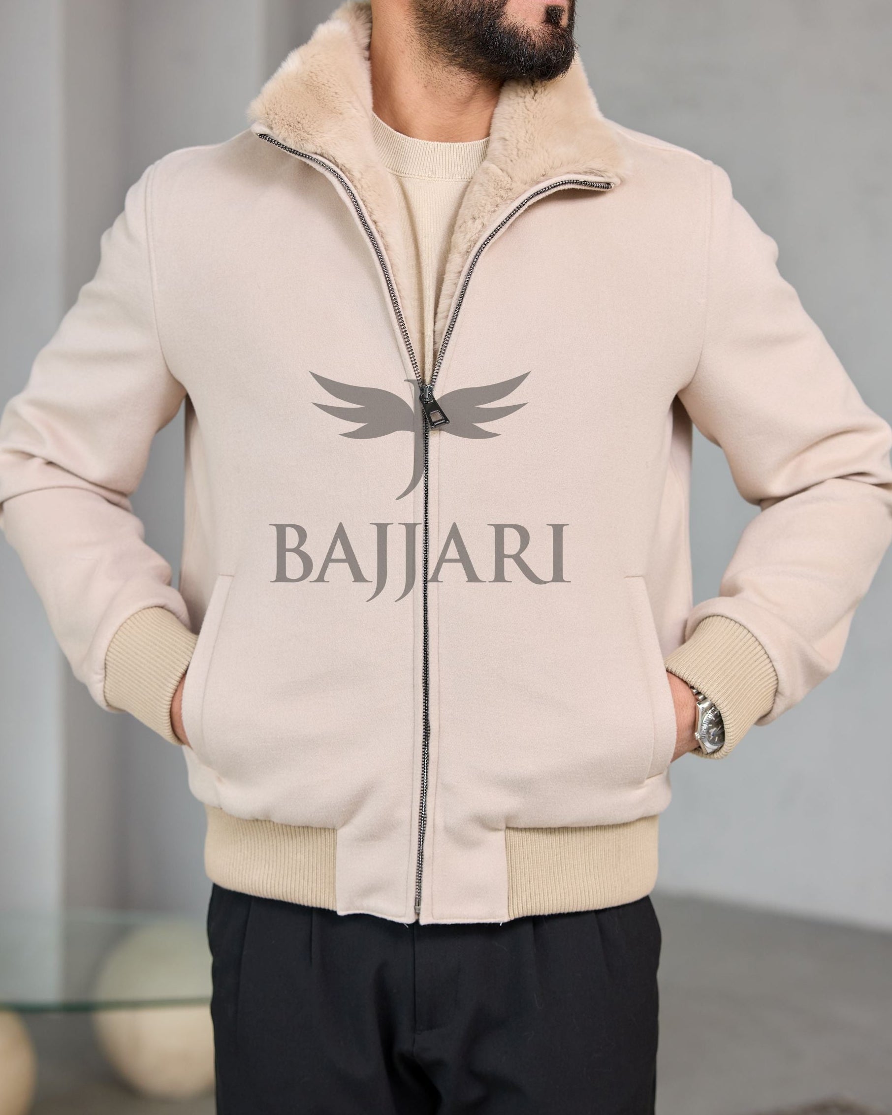 Cashmere-Touch Winter Jacket with Genuine Rex Fur Lining