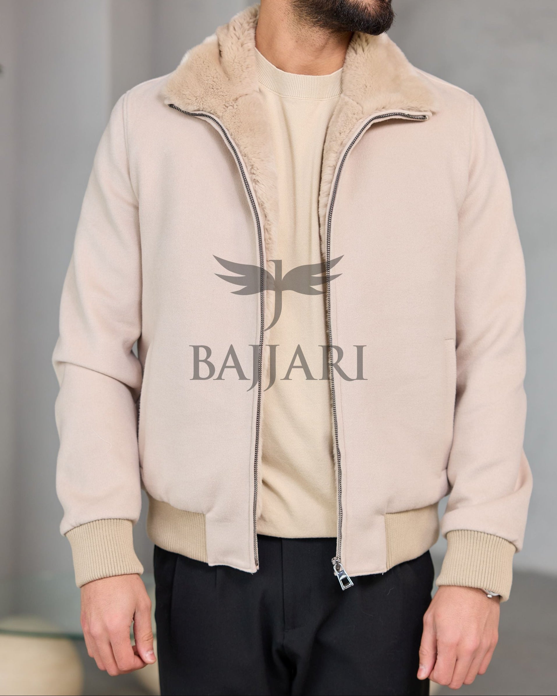 Cashmere-Touch Winter Jacket with Genuine Rex Fur Lining