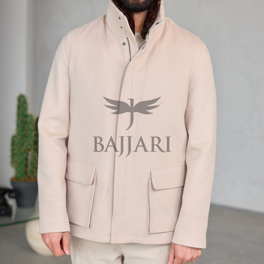 Removable Collar Rabbit Rex Fur Trimmed Cashmere Men’s Jacket