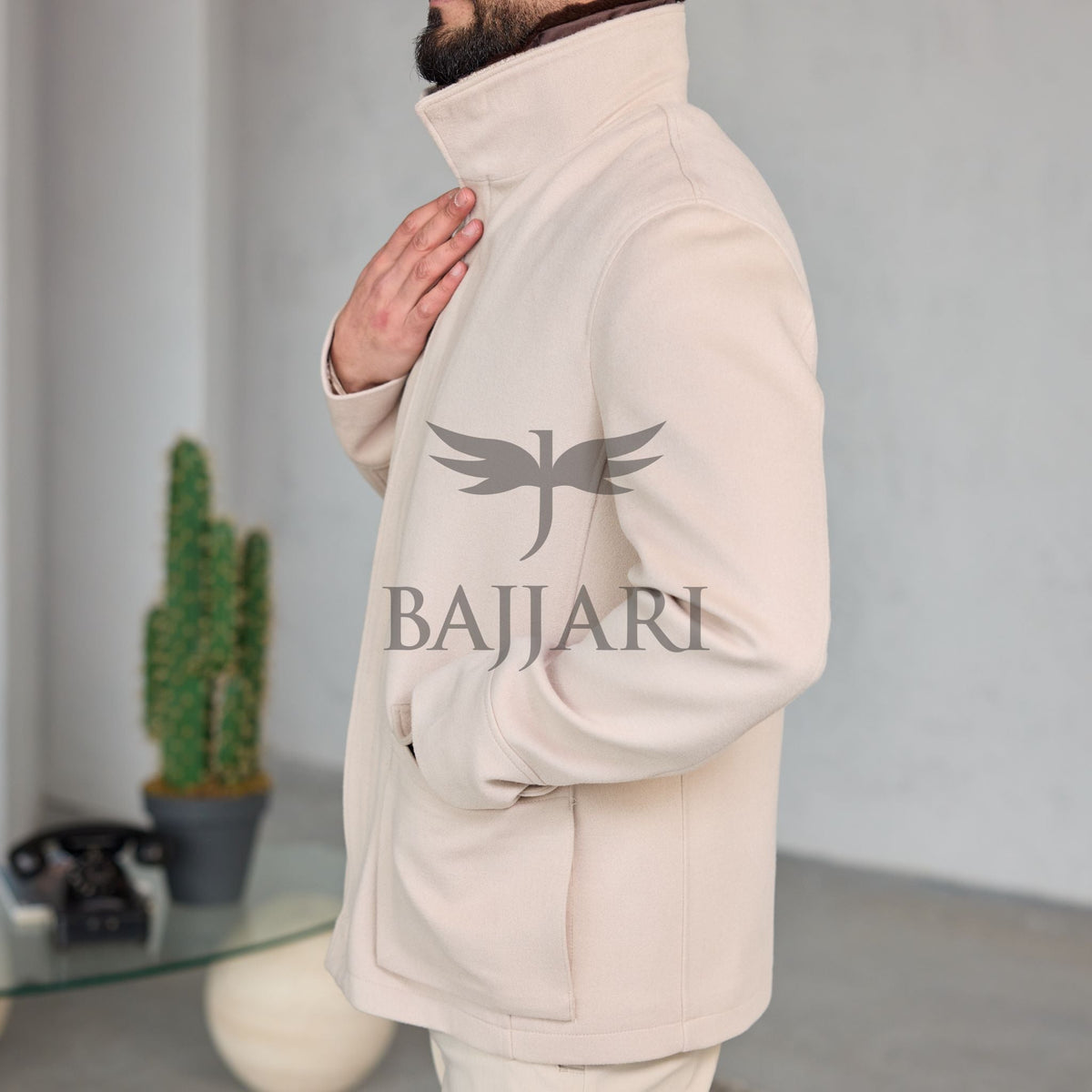 Removable Collar Rabbit Rex Fur Trimmed Cashmere Men’s Jacket