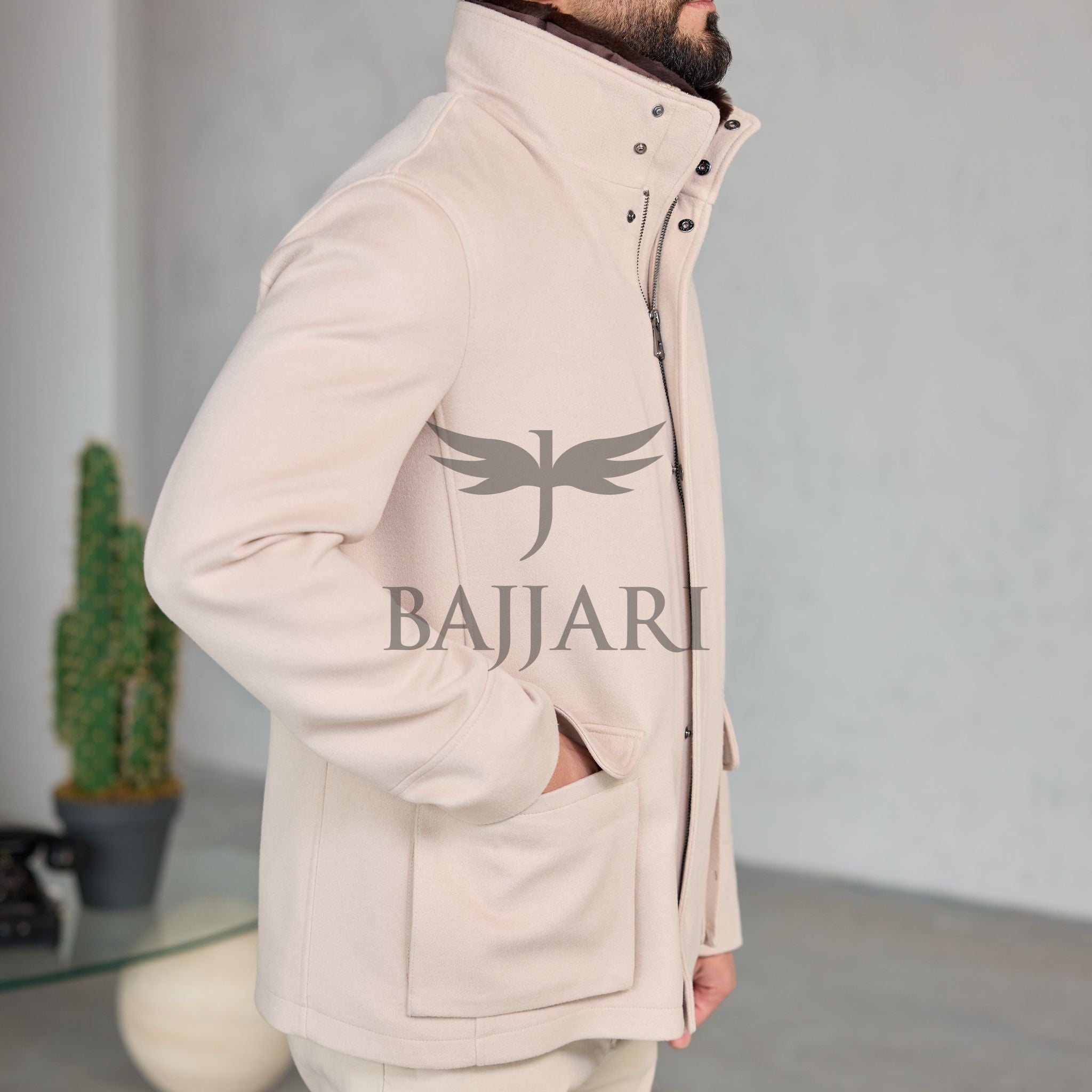 Removable Collar Rabbit Rex Fur Trimmed Cashmere Men’s Jacket
