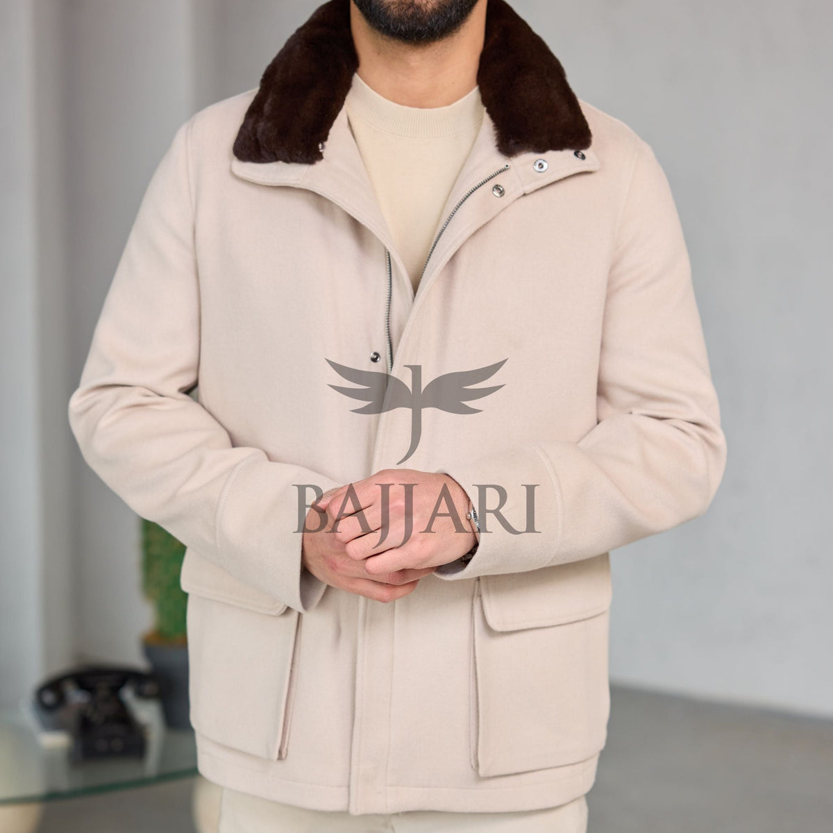 Removable Collar Rabbit Rex Fur Trimmed Cashmere Men’s Jacket