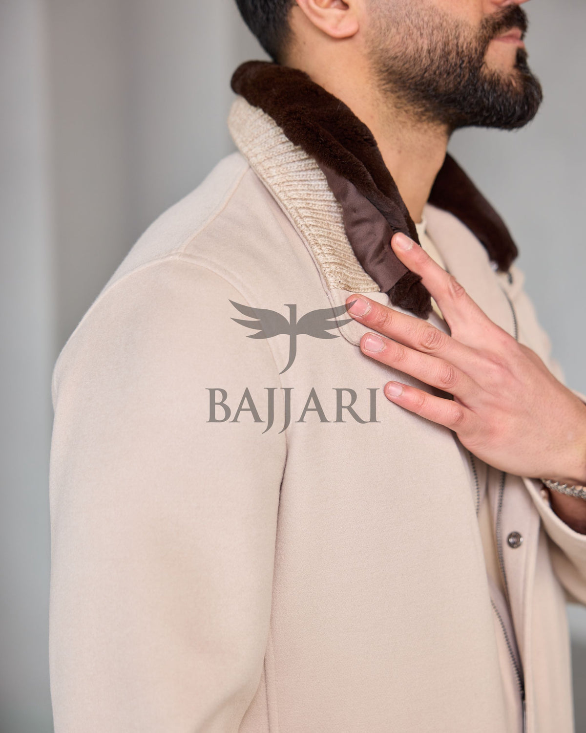 Removable Collar Rabbit Rex Fur Trimmed Cashmere Men’s Jacket
