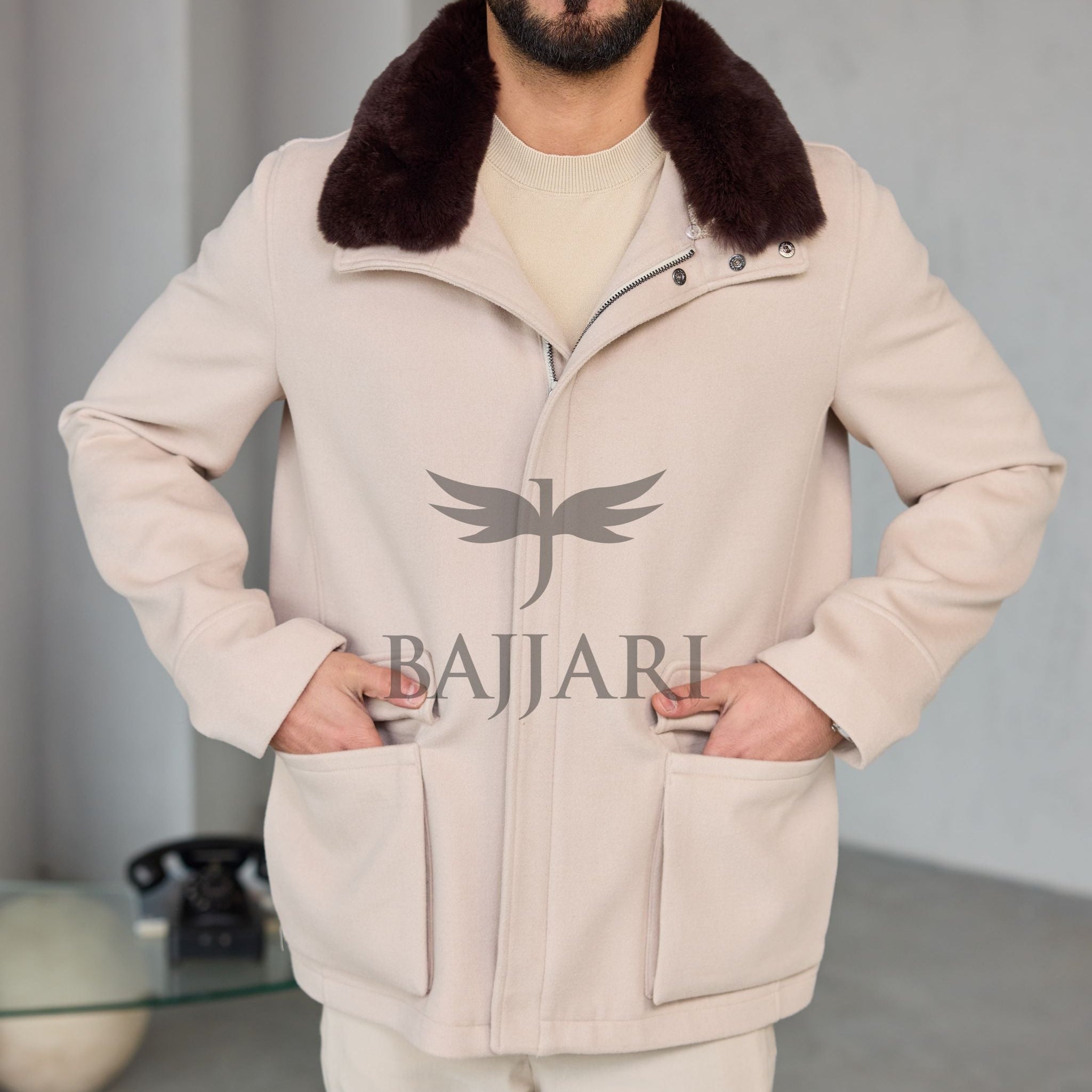 Removable Collar Rabbit Rex Fur Trimmed Cashmere Men’s Jacket