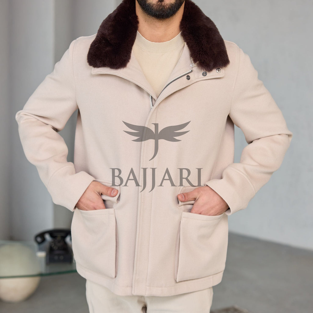 Removable Collar Rabbit Rex Fur Trimmed Cashmere Men’s Jacket