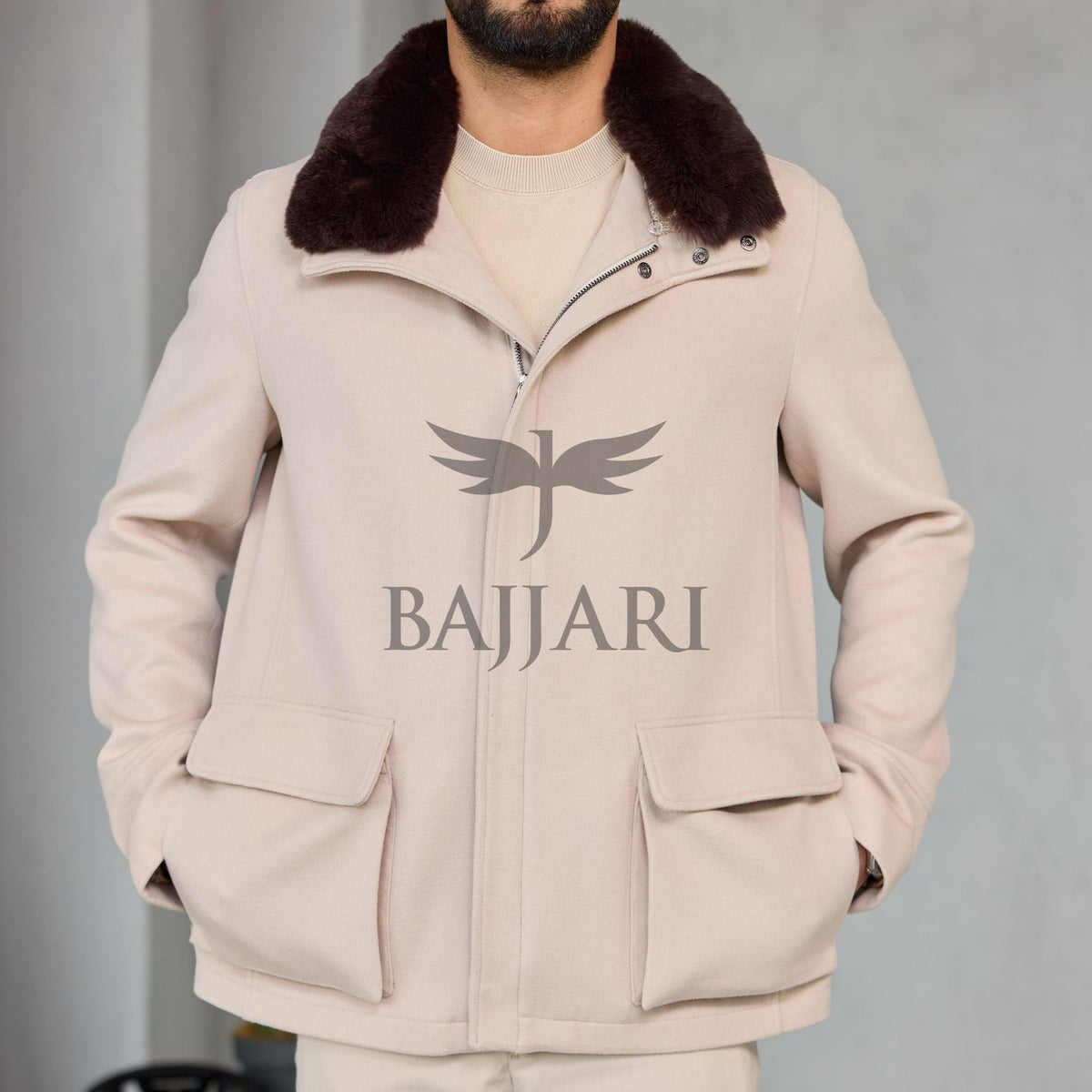 Removable Collar Rabbit Rex Fur Trimmed Cashmere Men’s Jacket