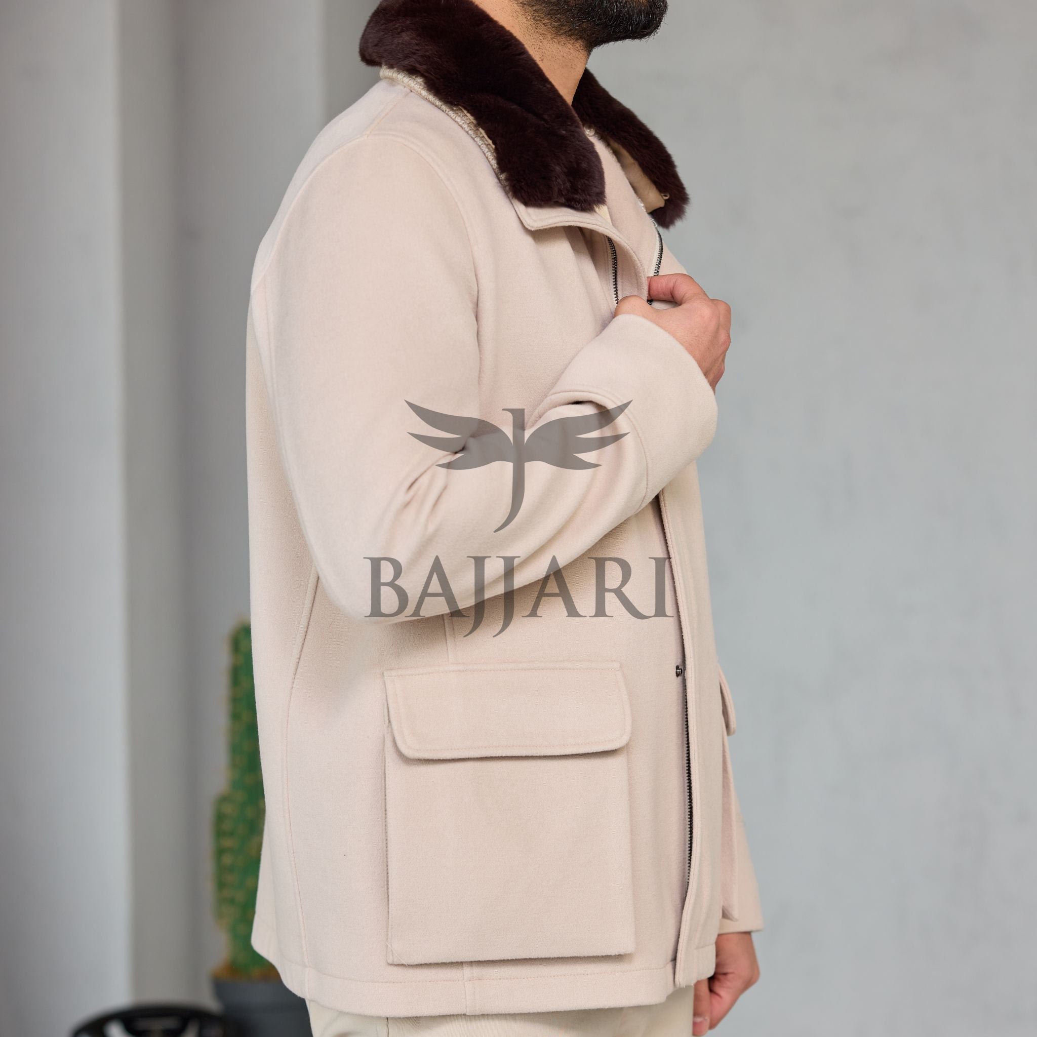 Removable Collar Rabbit Rex Fur Trimmed Cashmere Men’s Jacket