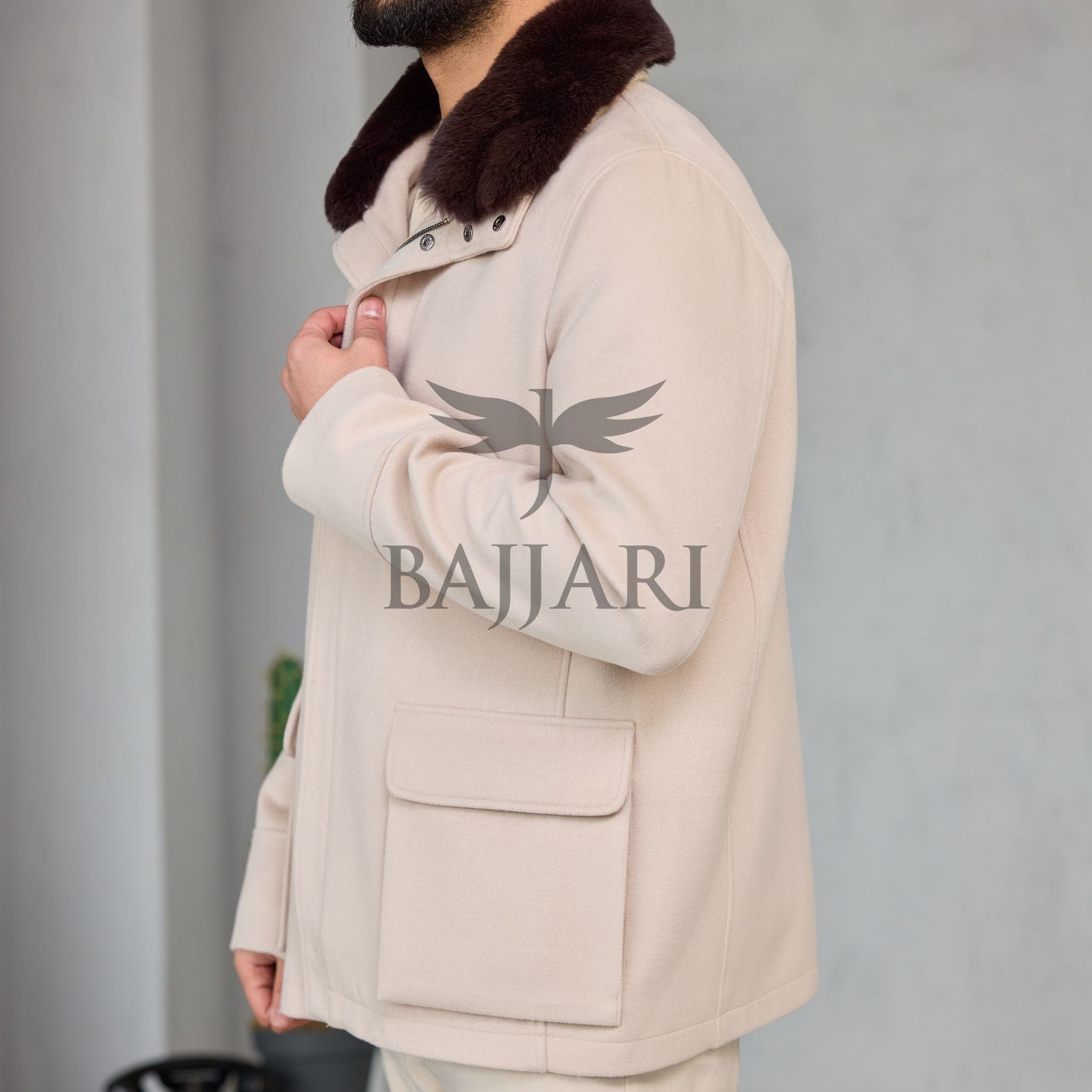 Removable Collar Rabbit Rex Fur Trimmed Cashmere Men’s Jacket