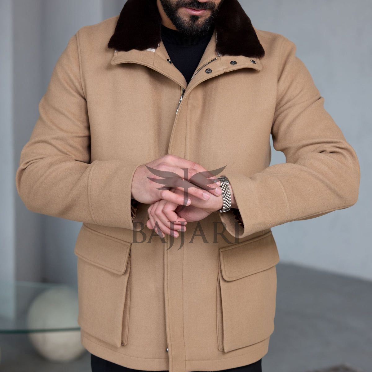 Removable Collar Rabbit Rex Fur Trimmed Cashmere Men’s Jacket