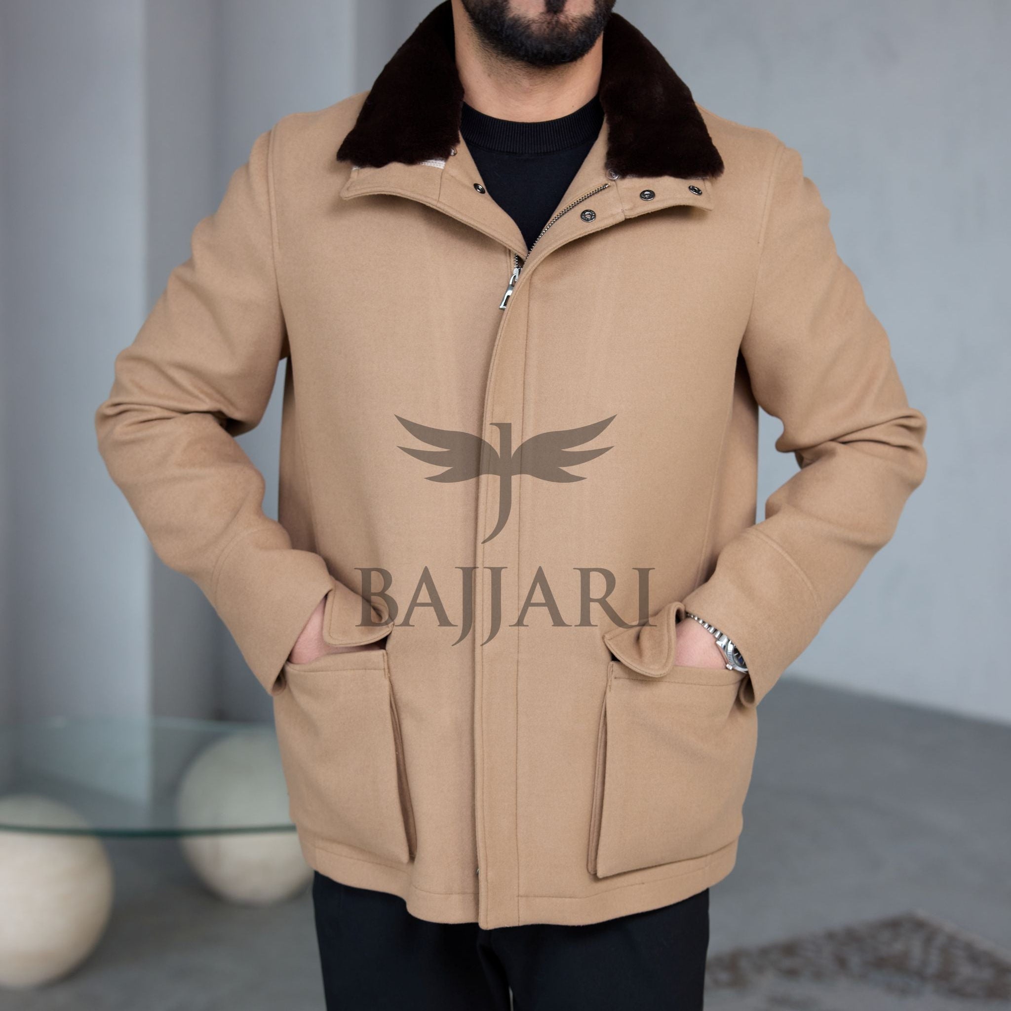 Removable Collar Rabbit Rex Fur Trimmed Cashmere Men’s Jacket