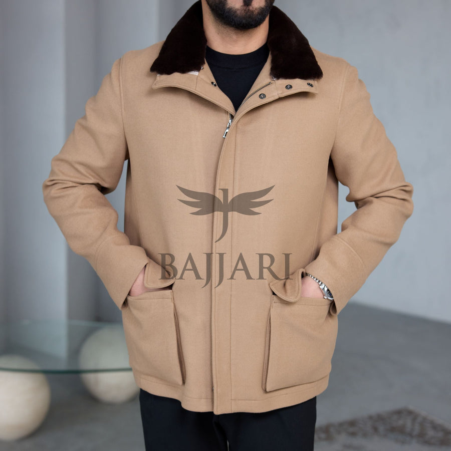 Removable Collar Rabbit Rex Fur Trimmed Cashmere Men’s Jacket