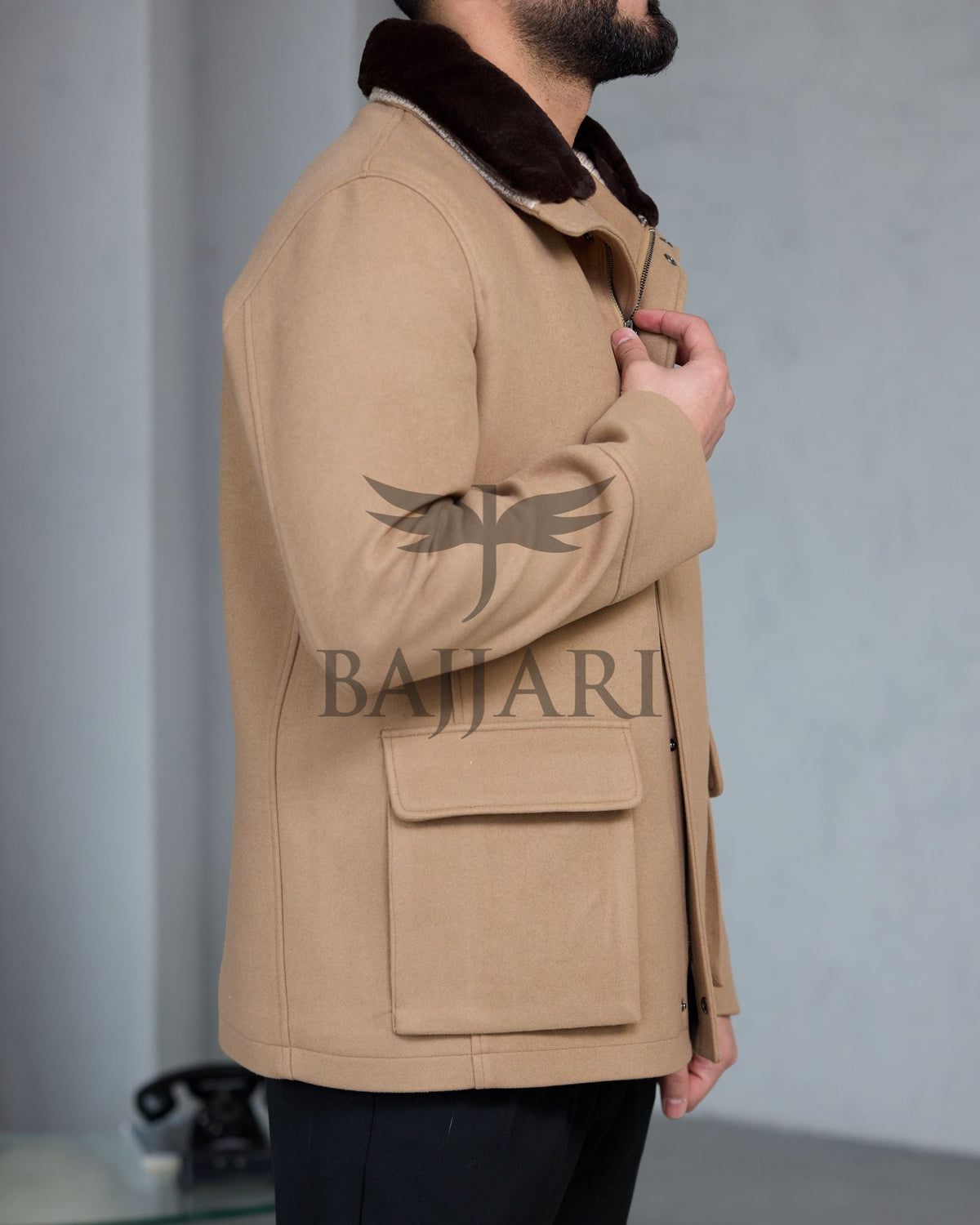 Removable Collar Rabbit Rex Fur Trimmed Cashmere Men’s Jacket