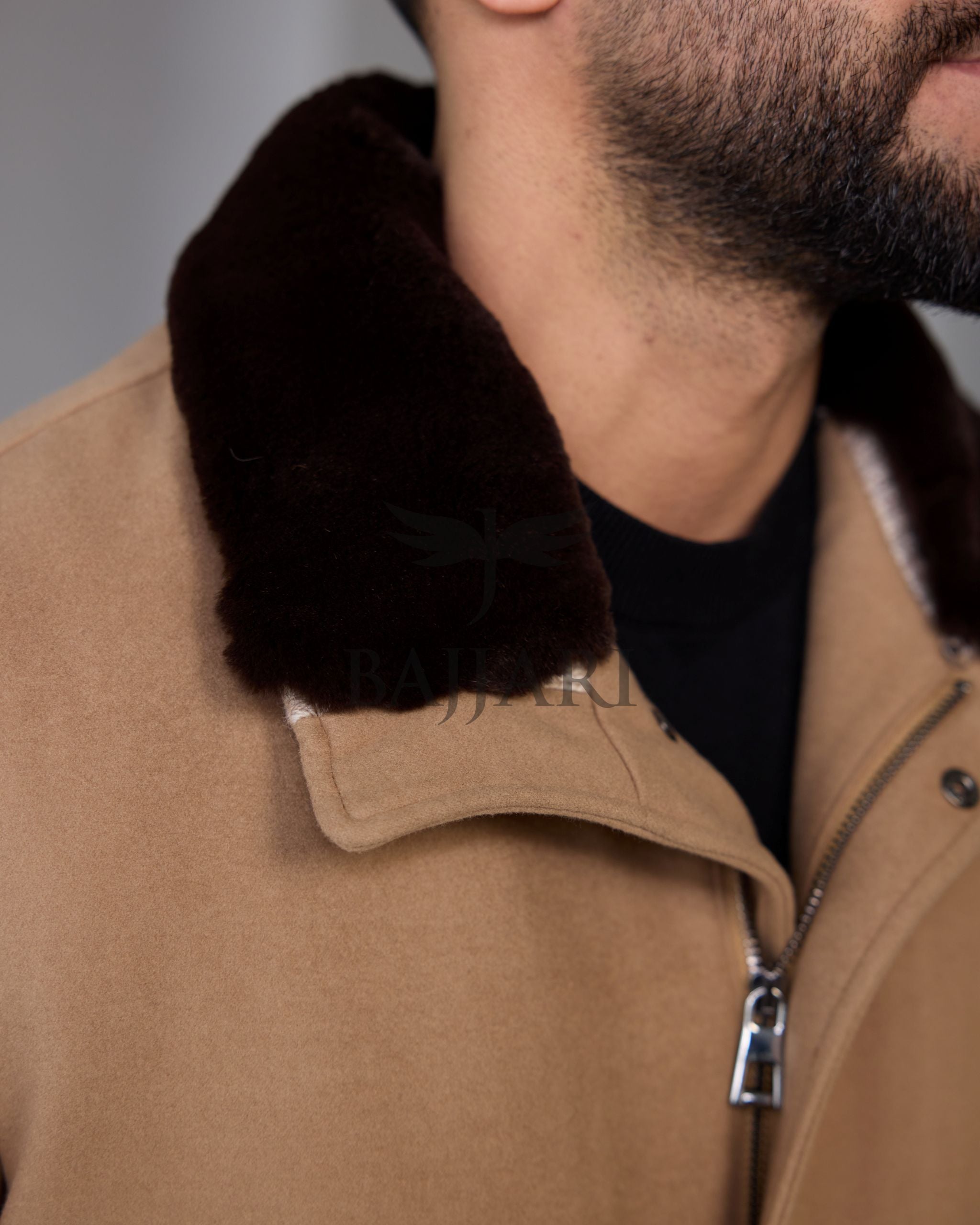 Removable Collar Rabbit Rex Fur Trimmed Cashmere Men’s Jacket