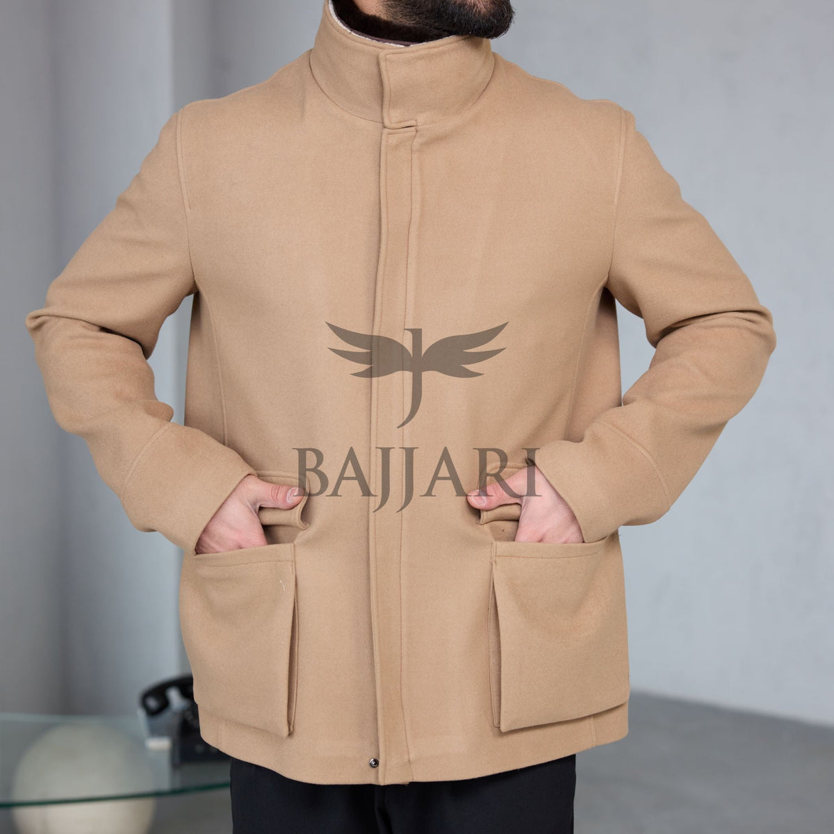 Removable Collar Rabbit Rex Fur Trimmed Cashmere Men’s Jacket