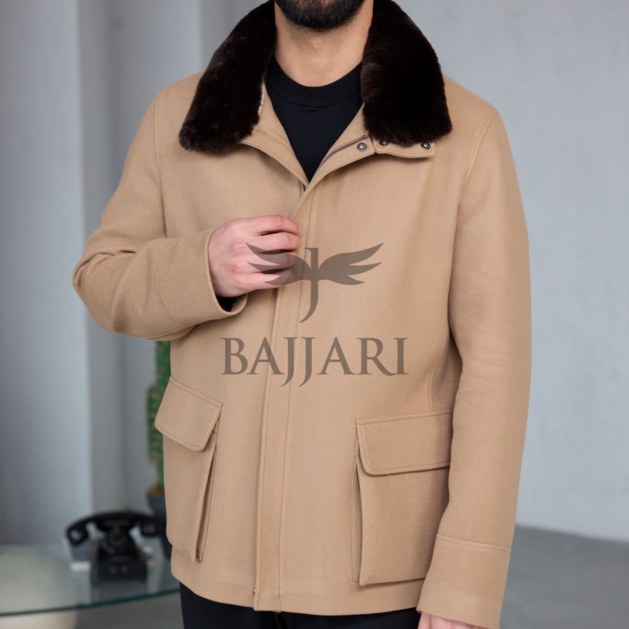 Removable Collar Rabbit Rex Fur Trimmed Cashmere Men’s Jacket