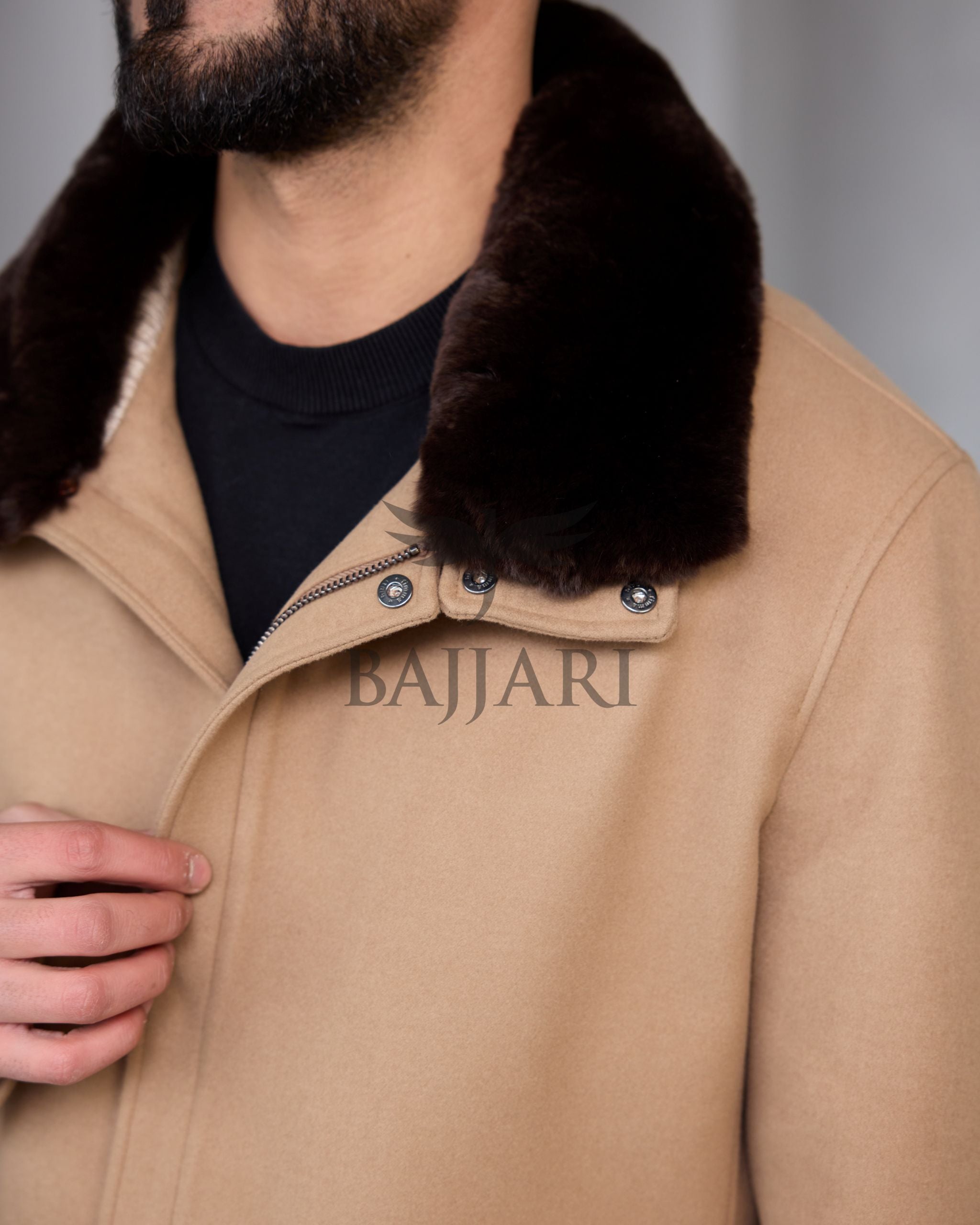 Removable Collar Rabbit Rex Fur Trimmed Cashmere Men’s Jacket