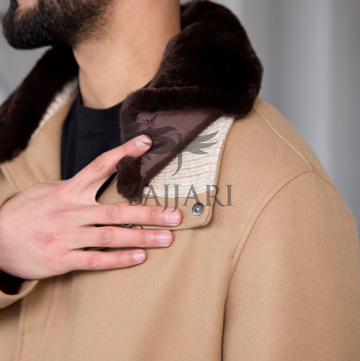 Removable Collar Rabbit Rex Fur Trimmed Cashmere Men’s Jacket